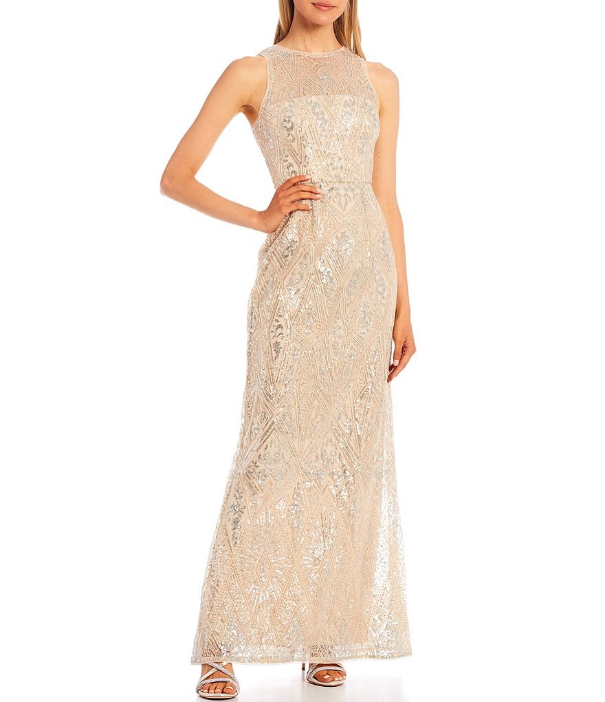 Adrianna Papell Metallic Sequin Crew Neck Sleeveless Mermaid Gown