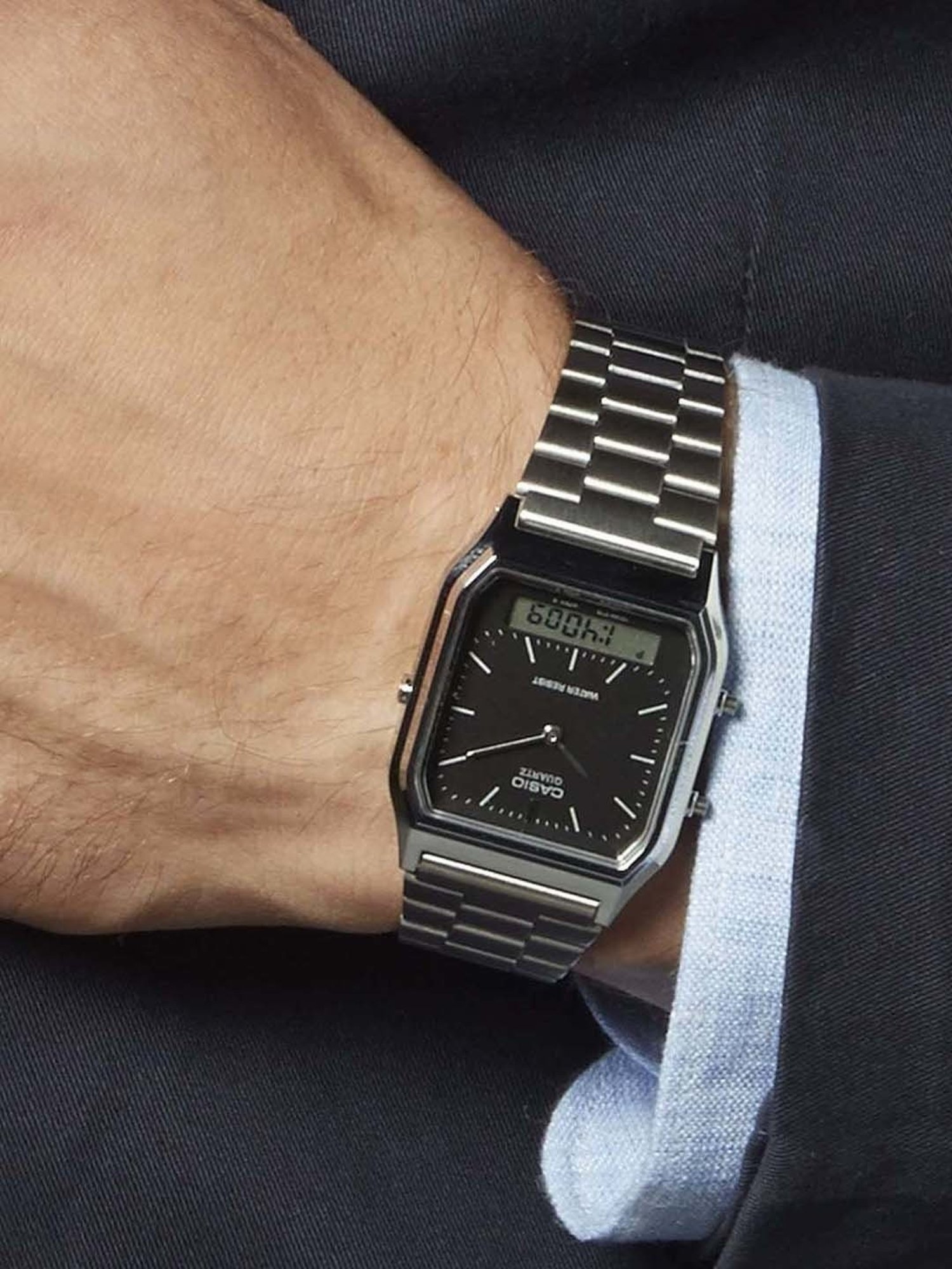 Casio Vintage AQ-230A-1DHDF Black Analog-Digital Dial Silver Stainless Steel Band AD01