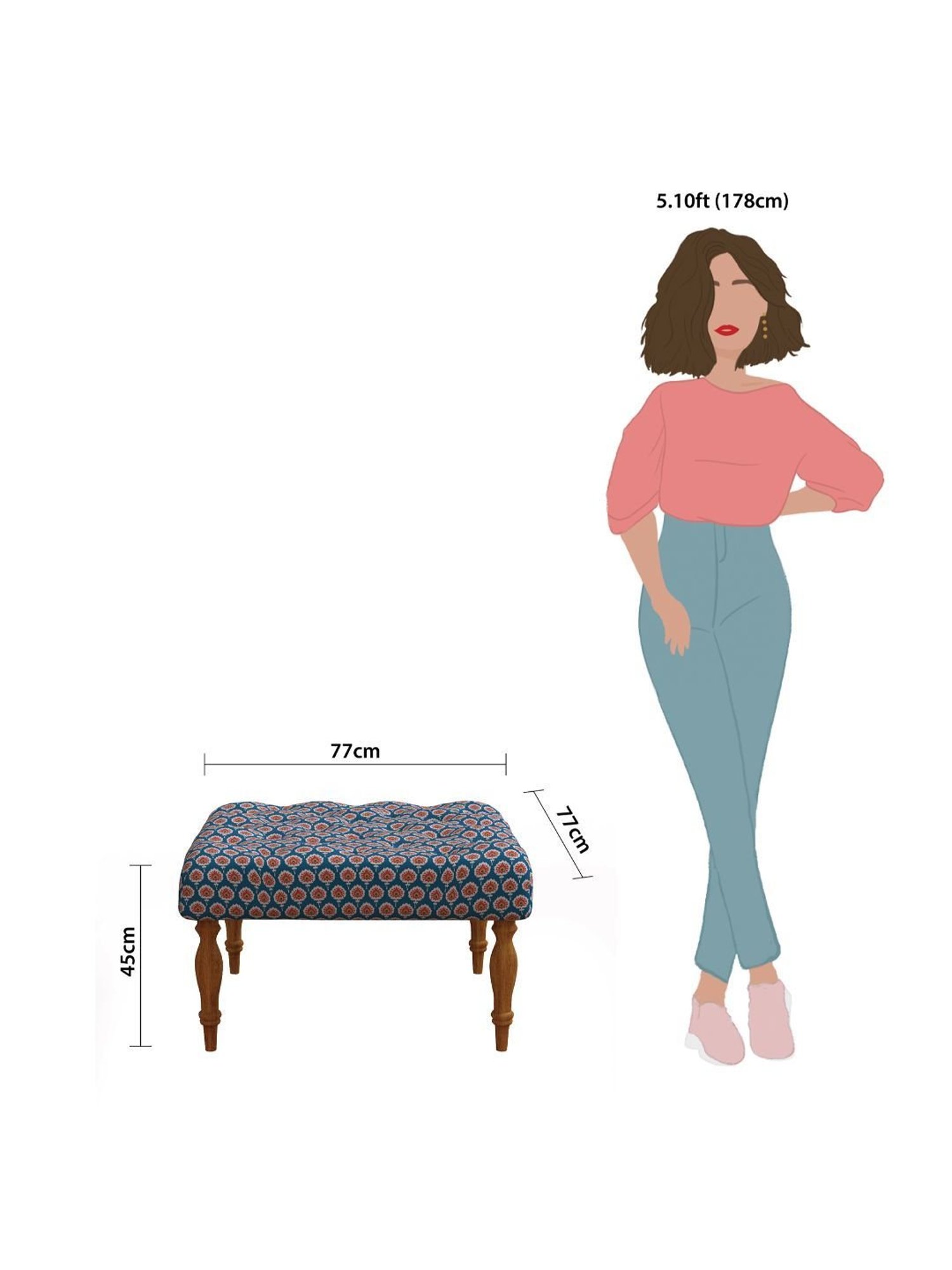 Chumbak Ikat Blue Sheesham Wood English Ottoman