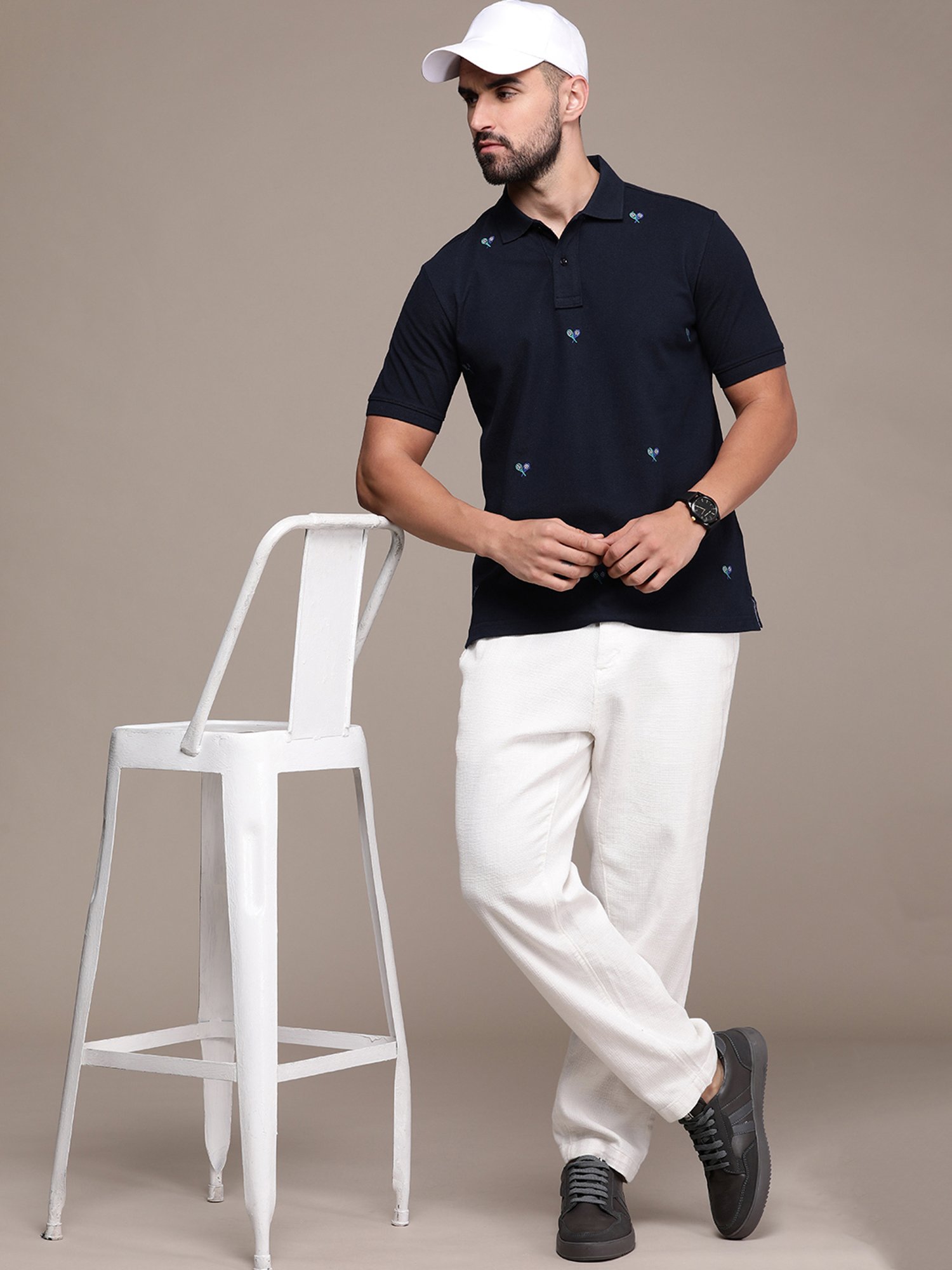 Burnt Umber Navy Regular Fit Embroidered Polo T-Shirt