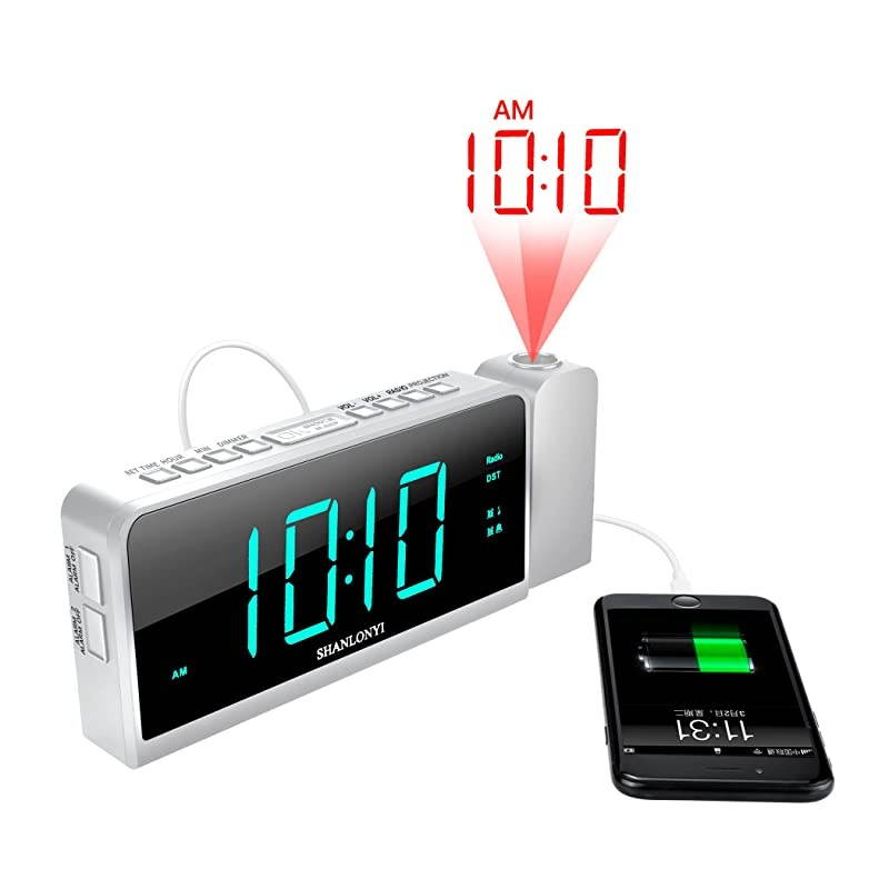 Alarm Clock with AM/FM Radio, 180&deg;Projector, 7" LED Digital Ceiling Display, Easy to Use, Clear Cyan Digit, 3 Dimmer, Digital Alarm Clock with USB Phone Charger, Battery Backup for Bedroom