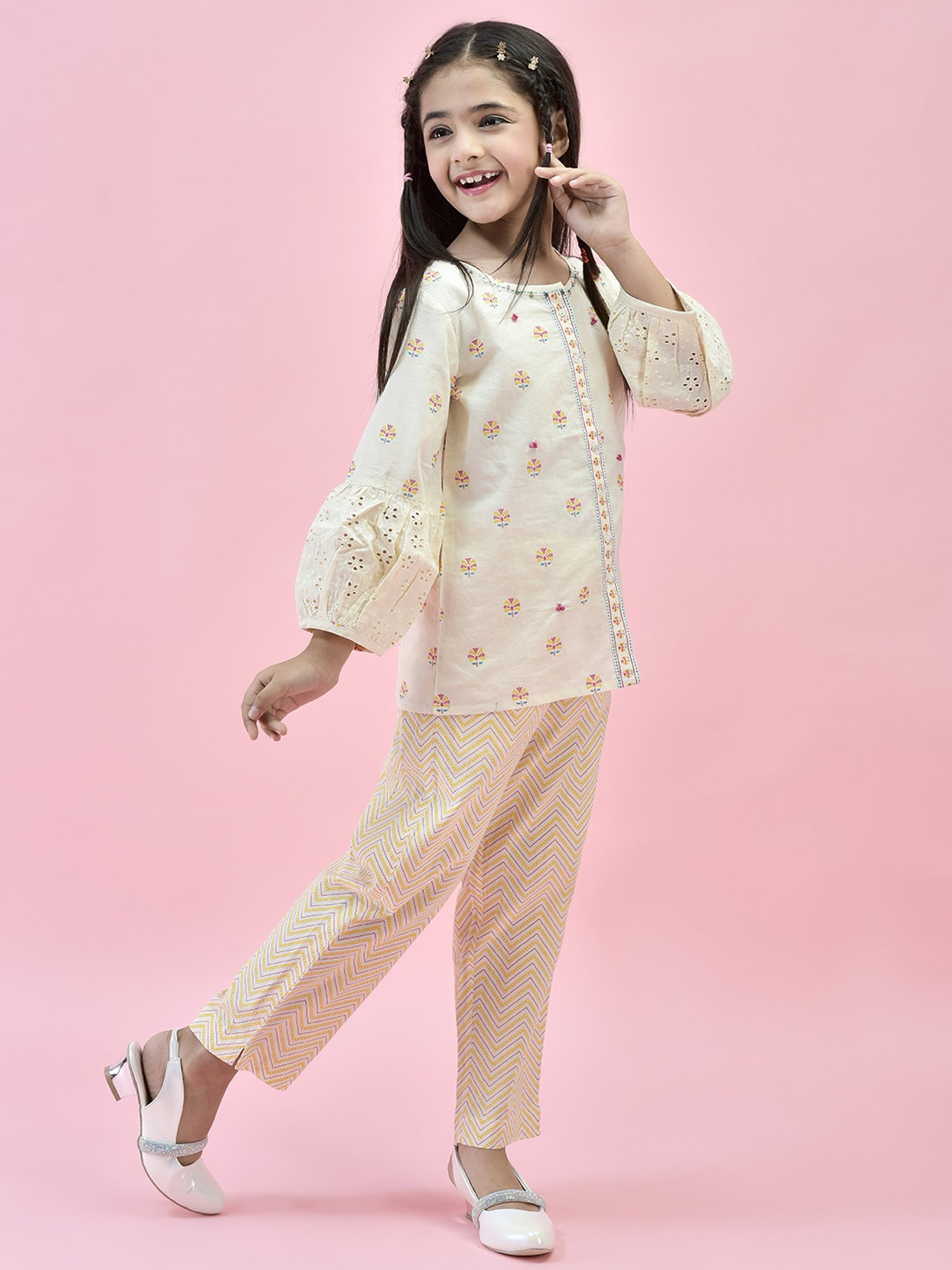 Juniper Girls White Printed Full Sleeves Kurta With Pants