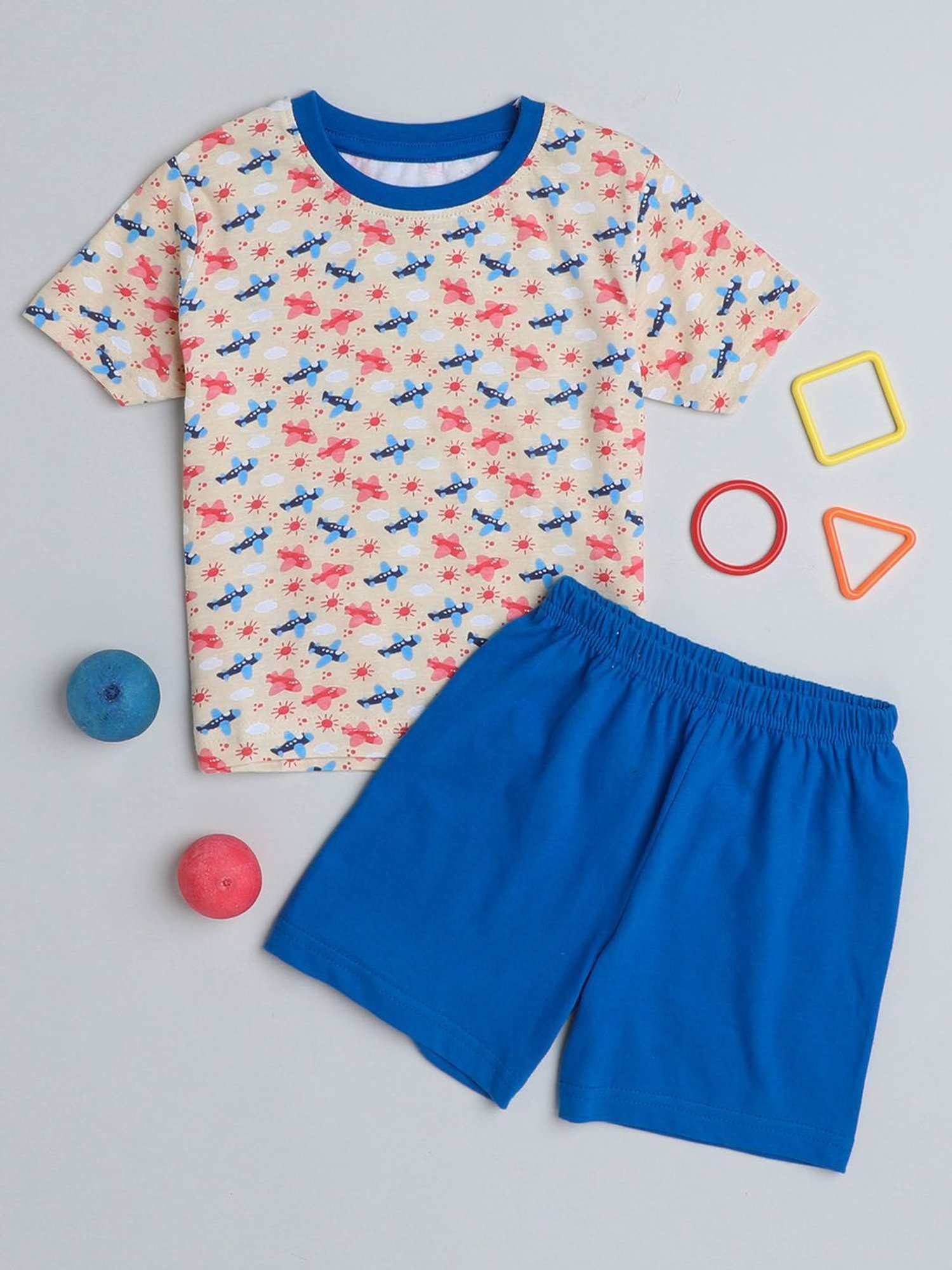 Bumzee Kids Light Beige & Royal Blue Printed T-Shirt with Shorts