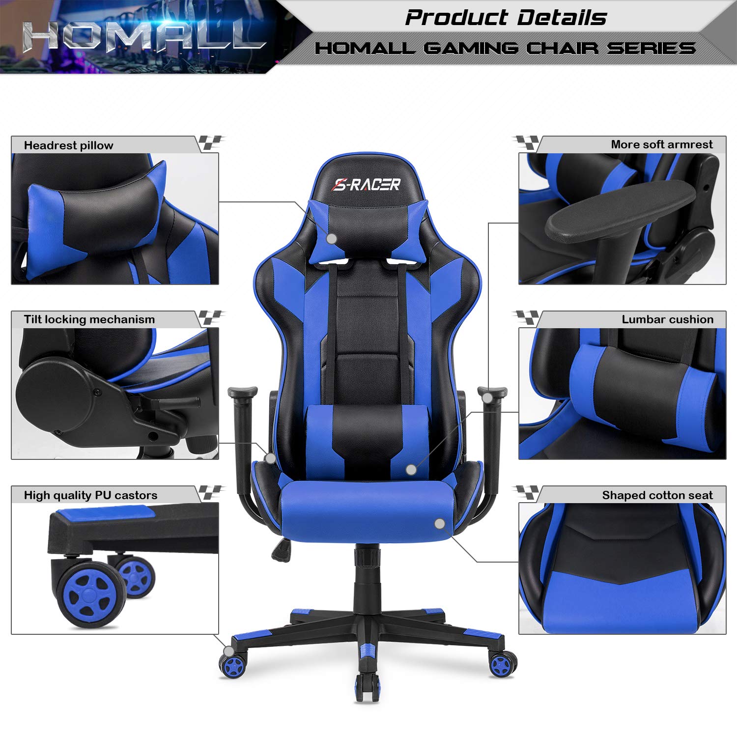 Homall Gaming Chair Office Chair High Back Computer Chair PU Leather Desk Chair Racing Executive Ergonomic Swivel Task Chair, Seat Height Adjustable, with Headrest and Lumbar Support (Blue)
