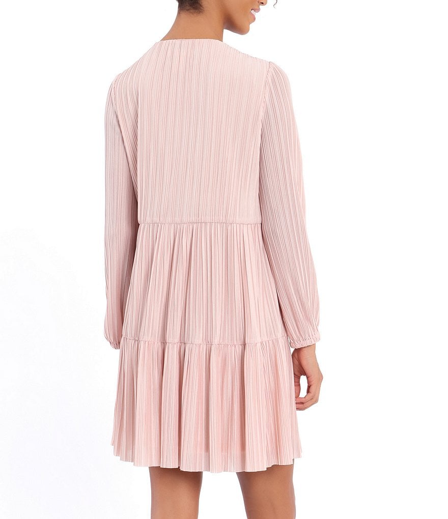 London Times Long Sleeve Crew Neck Crystal Pleat Tiered Swing Dress