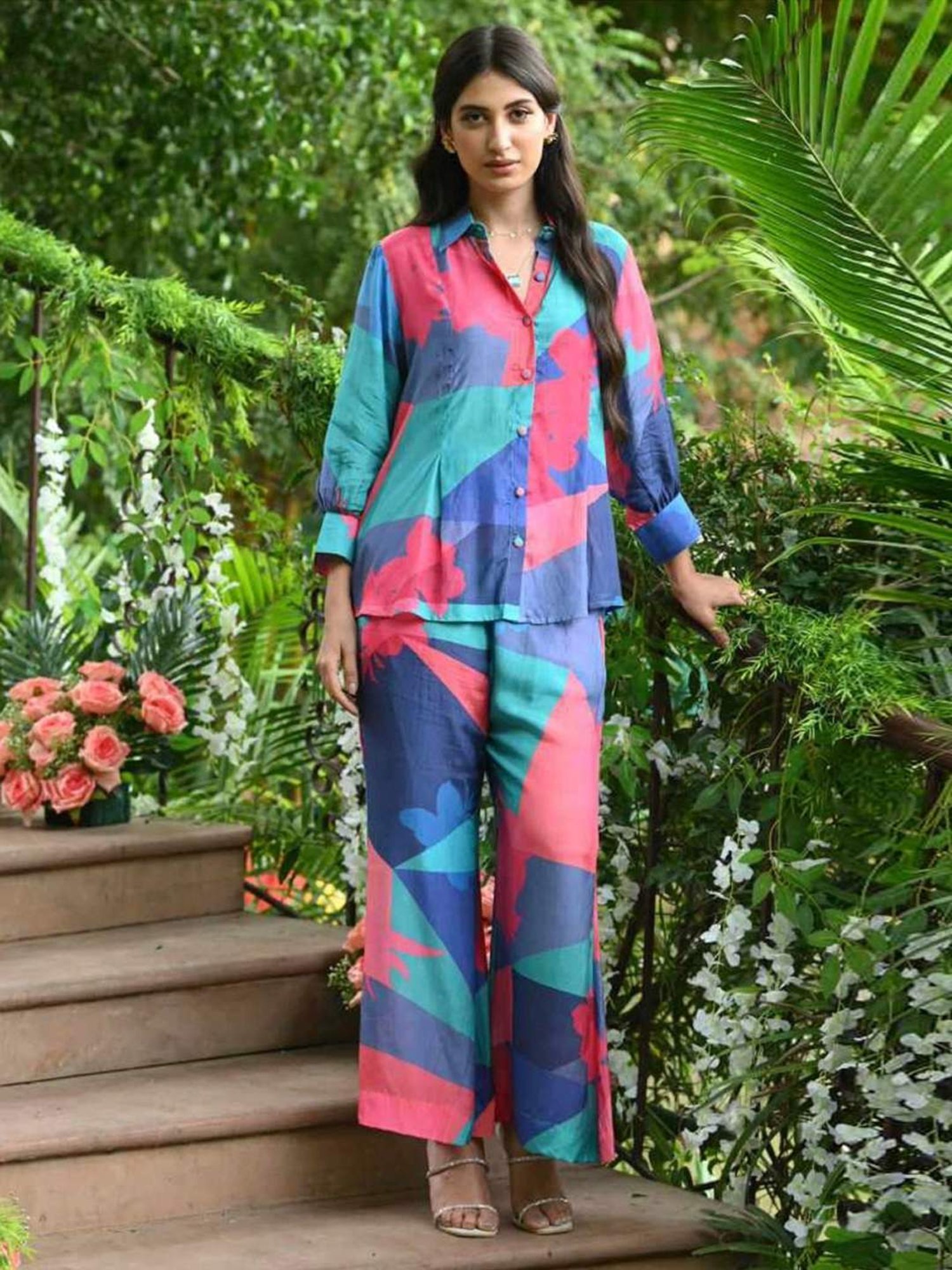 Mahee Jaipur Blue & Green Blue and Green Geometric Botanic design Shirt with Pant Co-ord Set