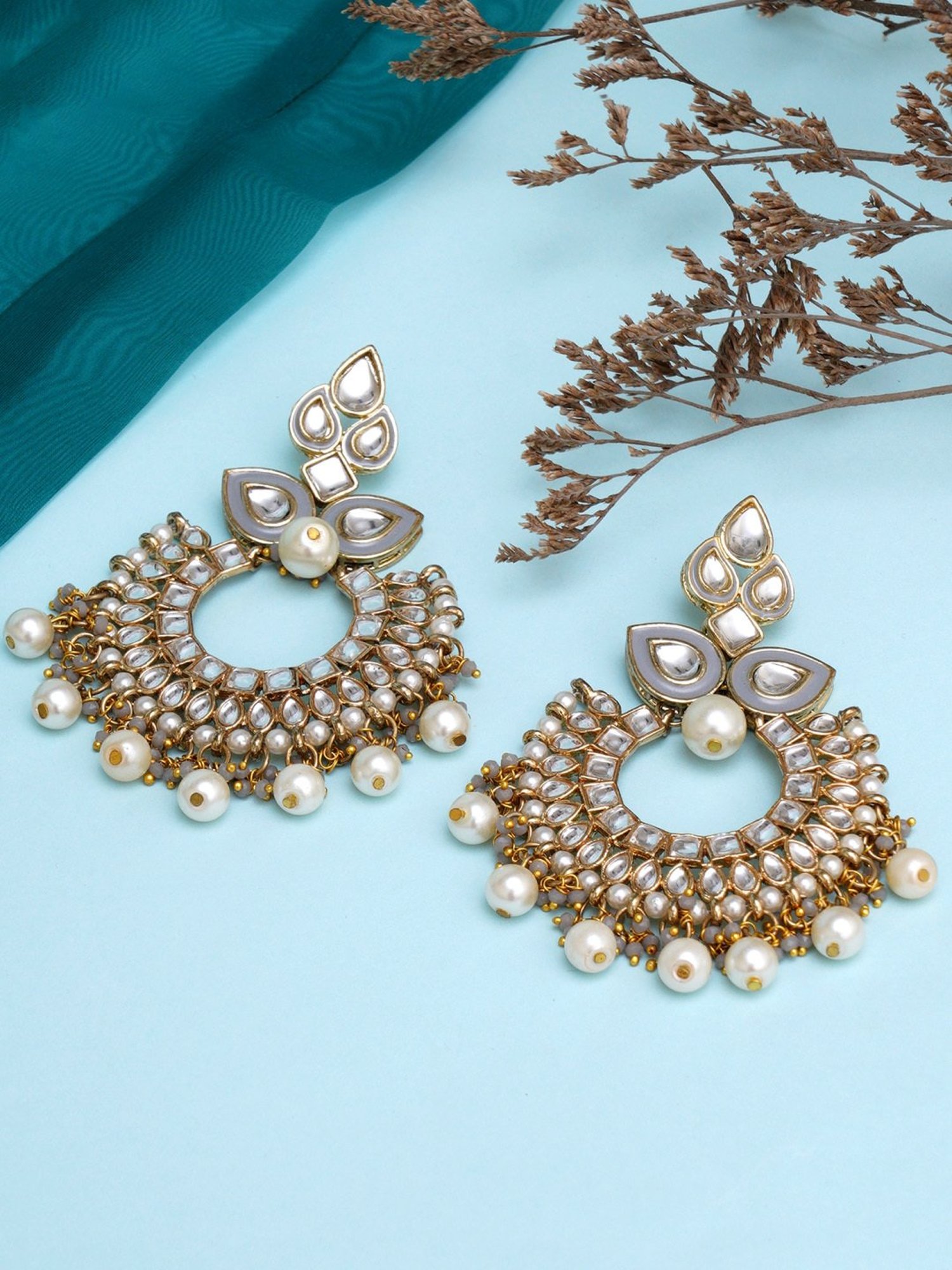 Karatcart Gold-Plated Grey Meena Kundan Chand Bali Earrings