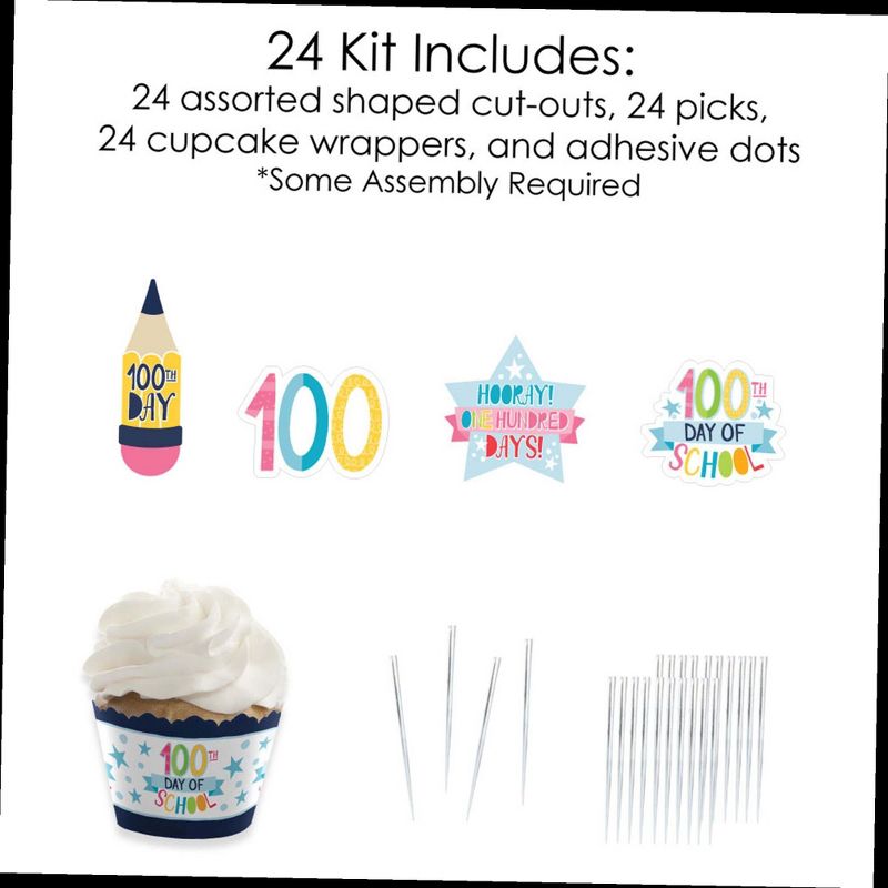 Big Dot of Happiness Happy 100th Day of School - Cupcake Decoration - 100 Days Party Cupcake Wrappers and Treat Picks Kit - Set of 24