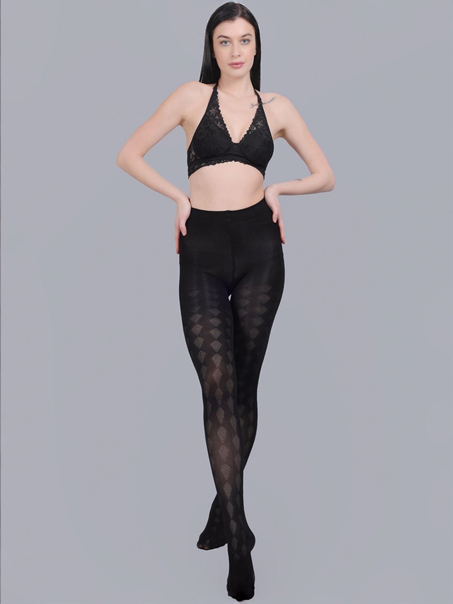 mod & shy Black Self Pattern Pantyhose Stockings