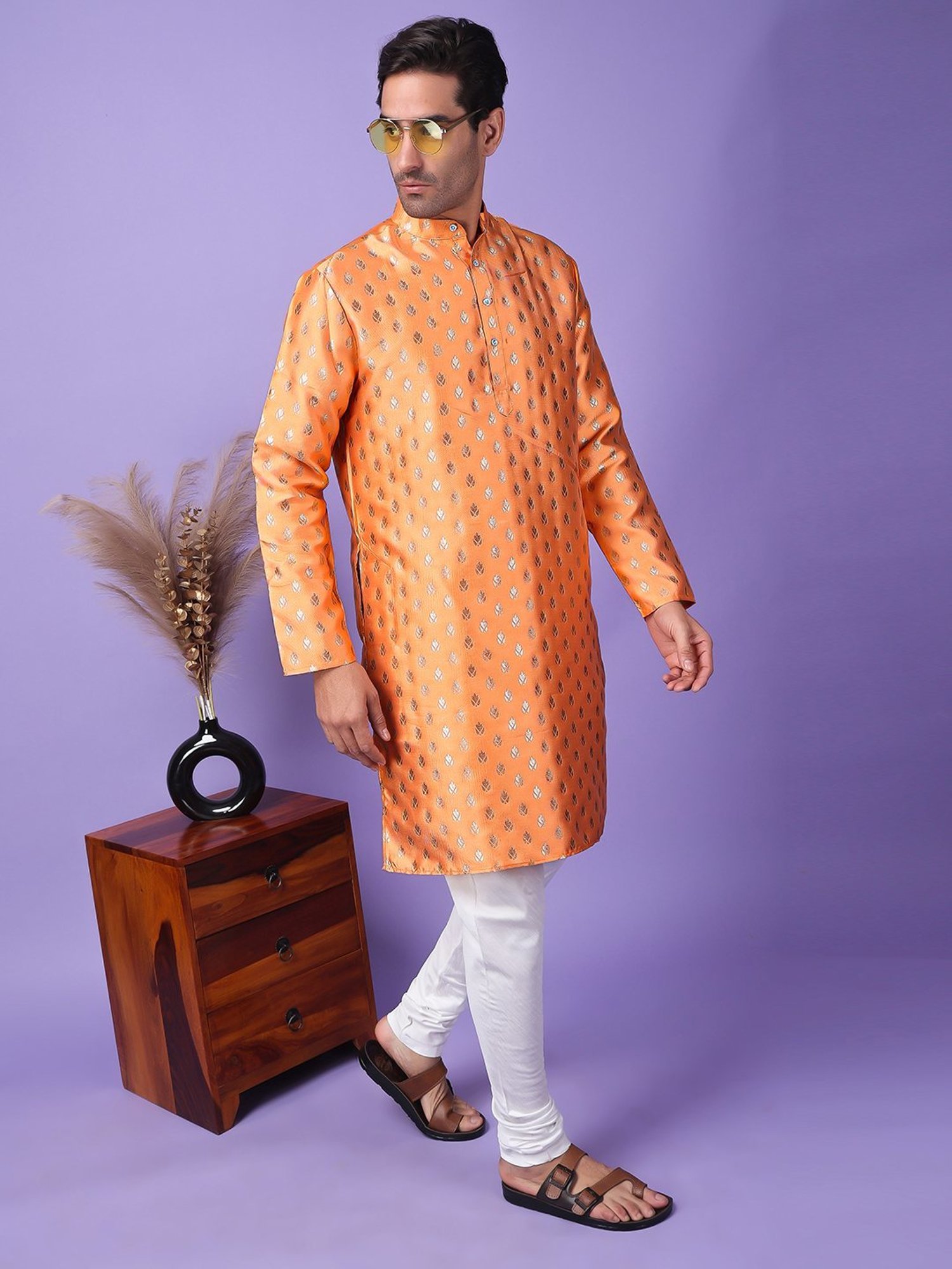 Hangup Orange & White Regular Fit Embellished Kurta Bottom Set