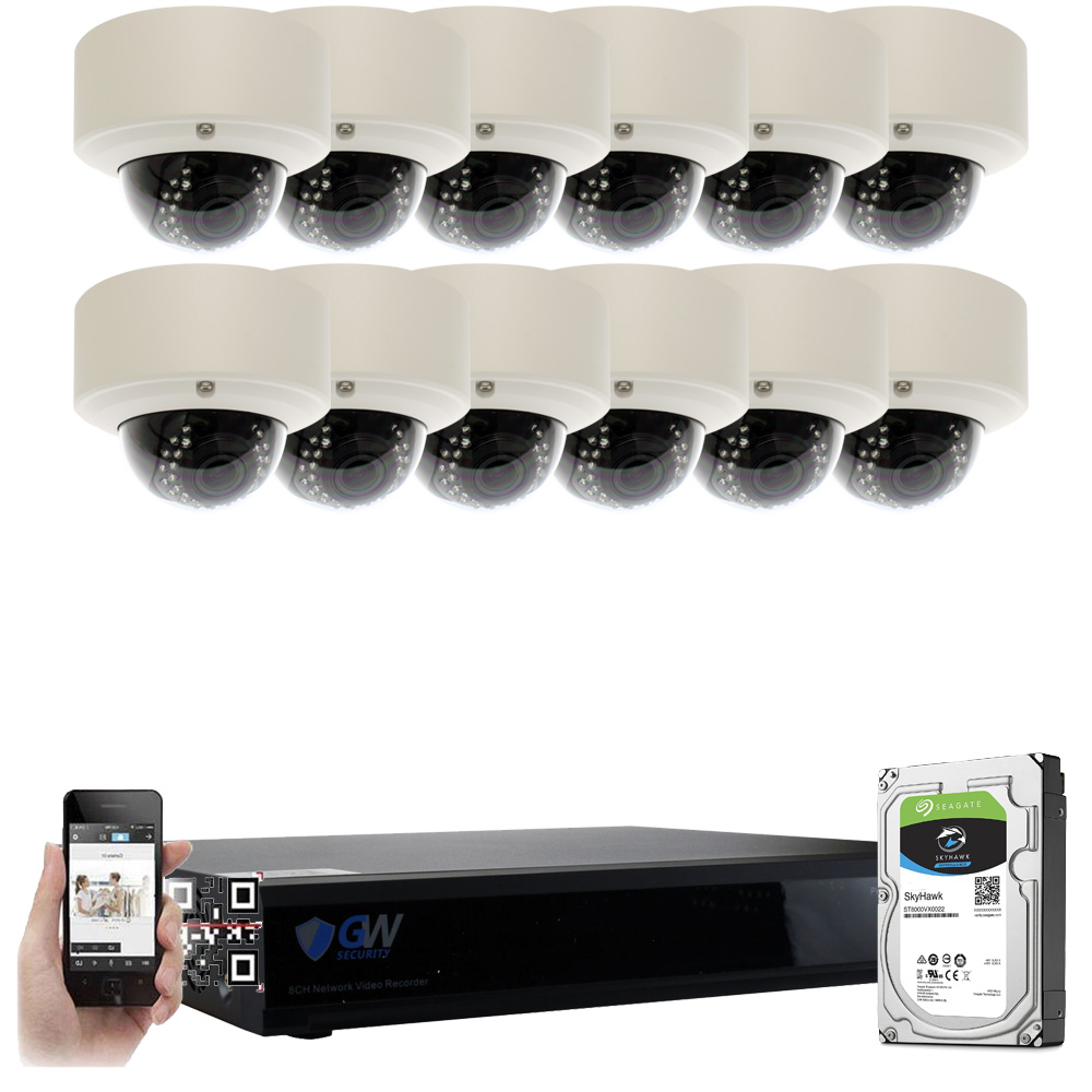 GW 16 Channel H.265 HEVC NVR w/ 4K HDMI Output 5MP Security System, 12 x HD 5MP IP PoE Camera (2592 x 1920p) In/Outdoor Digital WDR - 5 Megapixel (More Pixels Than 1080P, 300% More Detailed Than 720P)