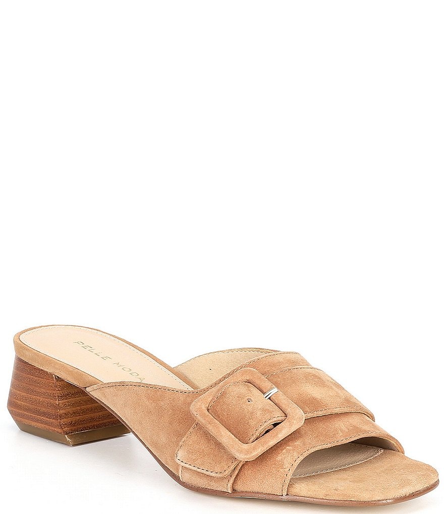 Pelle Moda Tala Suede Buckle Block Heel Mules