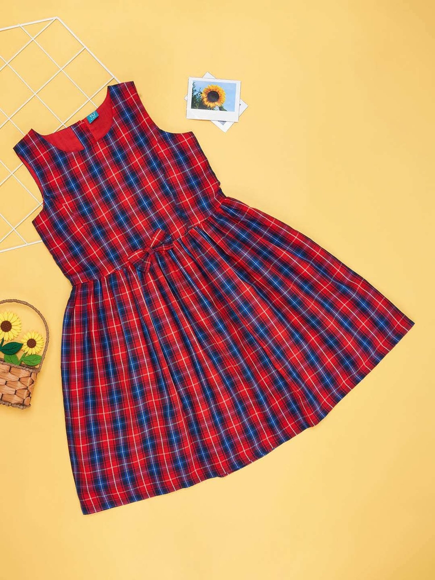 YU by Pantaloons Kids Red & Navy Cotton Chequered Dress
