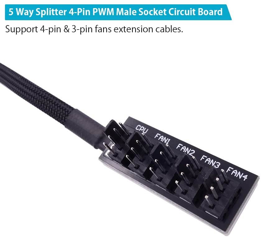 4-Pin PWM Fan Power Supply Cable 1 to 5 Splitter 5 Way PC Case Internal Motherboard Fan Power Extension Cable Cord Wire for ATX Computer Case 4-Pin and 3-Pin Cooling Fans (13 inch, Black)