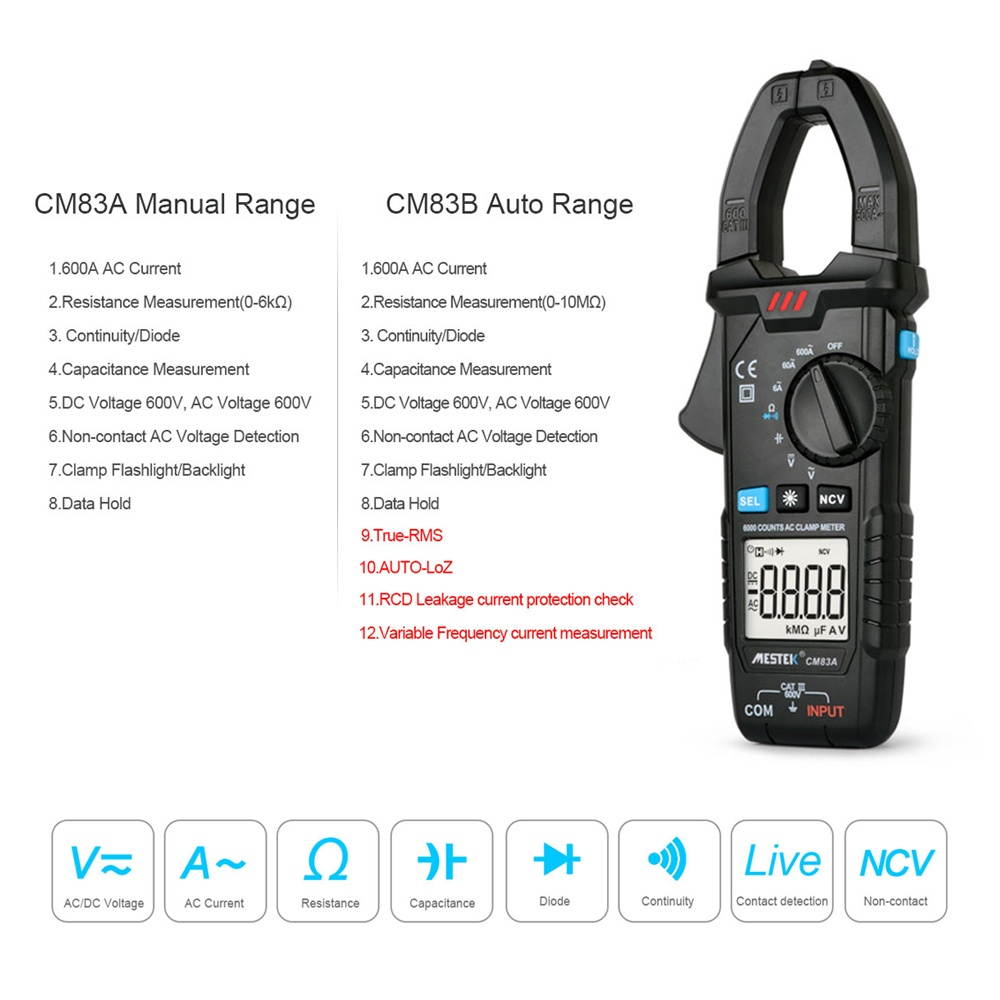MESTEK Digital Clamp Meter 600A AC Current 600V AC/DC Voltage Capacitance Measurement Data Hold Backlight NCV Tester Multimeter