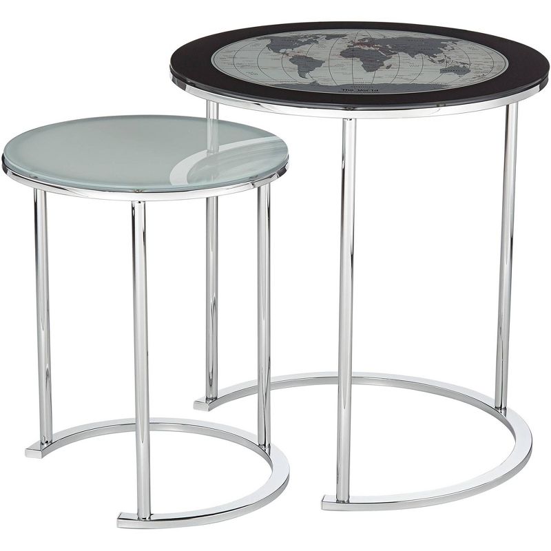 Studio 55D World Map 23 1/4" Chrome and Glass 2-Piece Nesting Tables