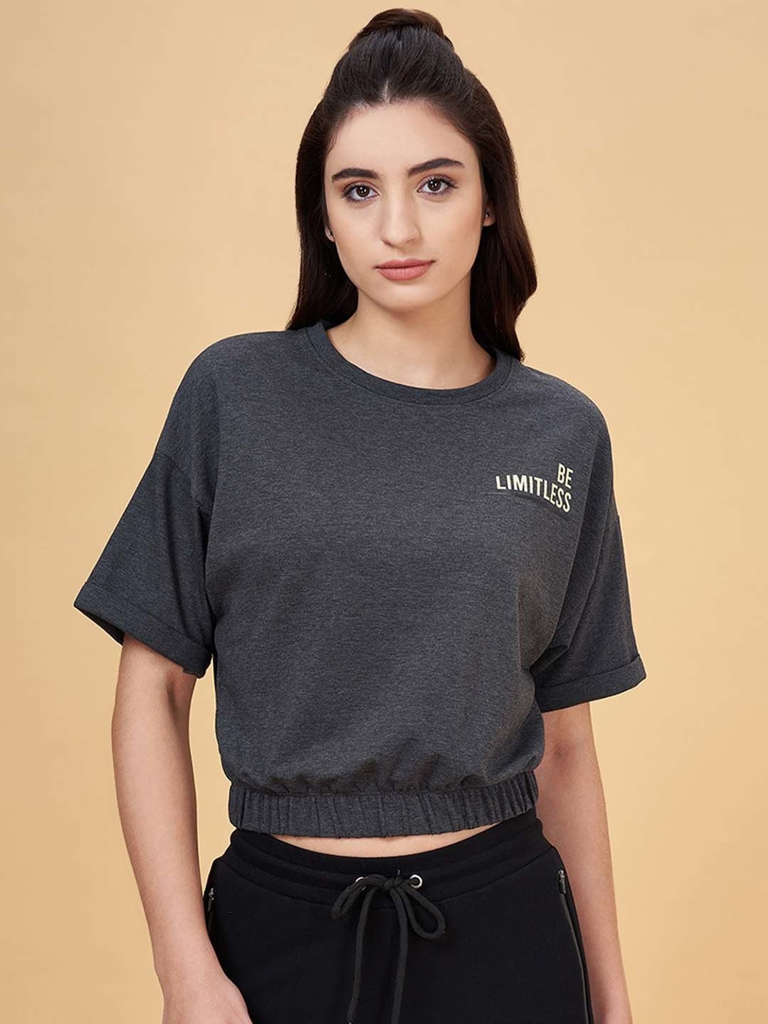 Ajile by Pantaloons Grey Cotton Printed Sports Crop T-Shirt