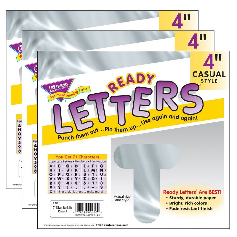 3pk 4" 71 per Pack Casual Uppercase Ready Letters Metallic Silver - TREND