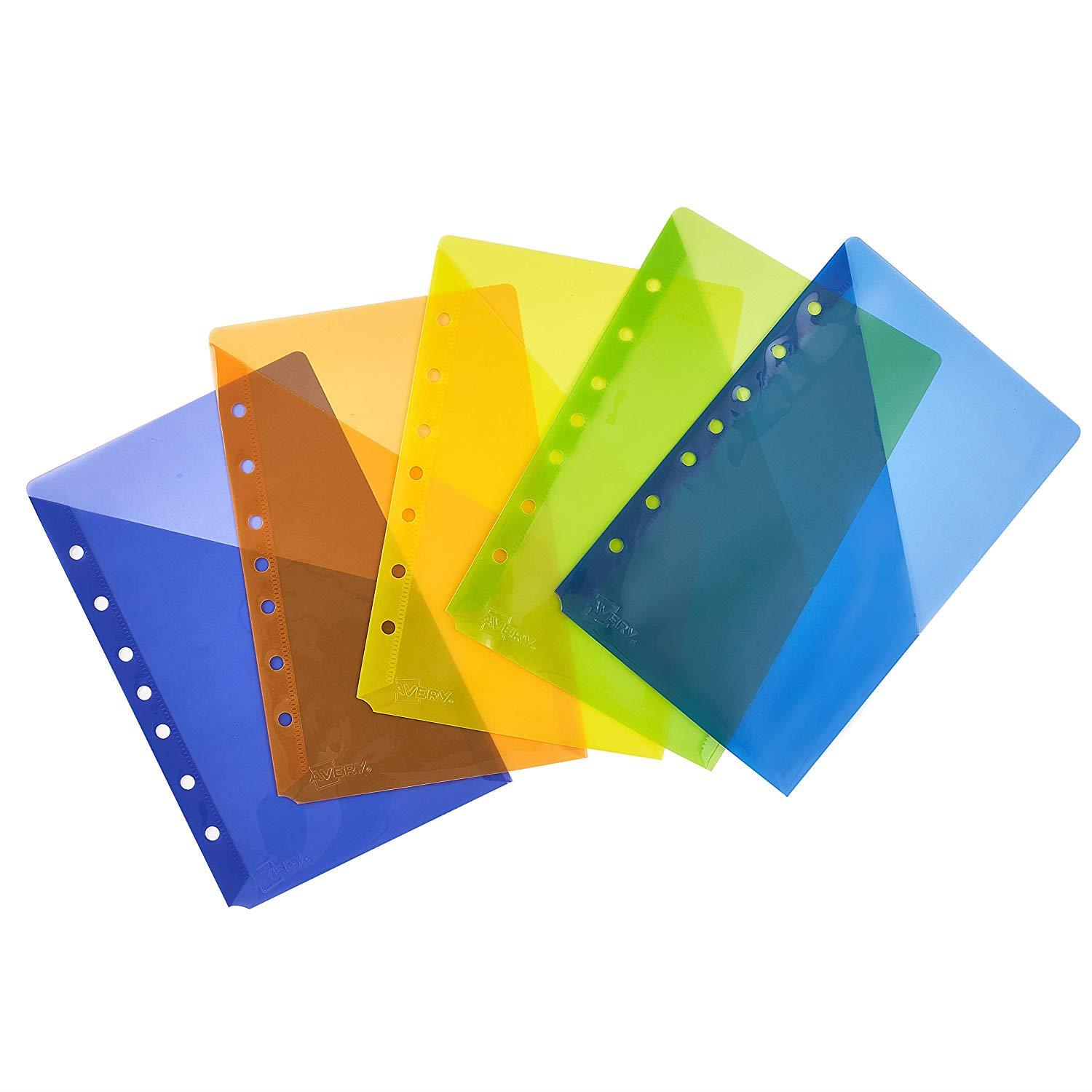 Avery Mini Binder Pockets, Assorted Colors, Fits 3-Ring and 7-Ring Binders, Durable, 5 Slash Jackets (75307)