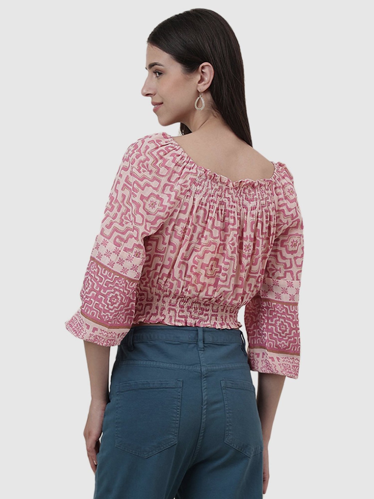 Fabindia Pink Cotton Printed Crop Top