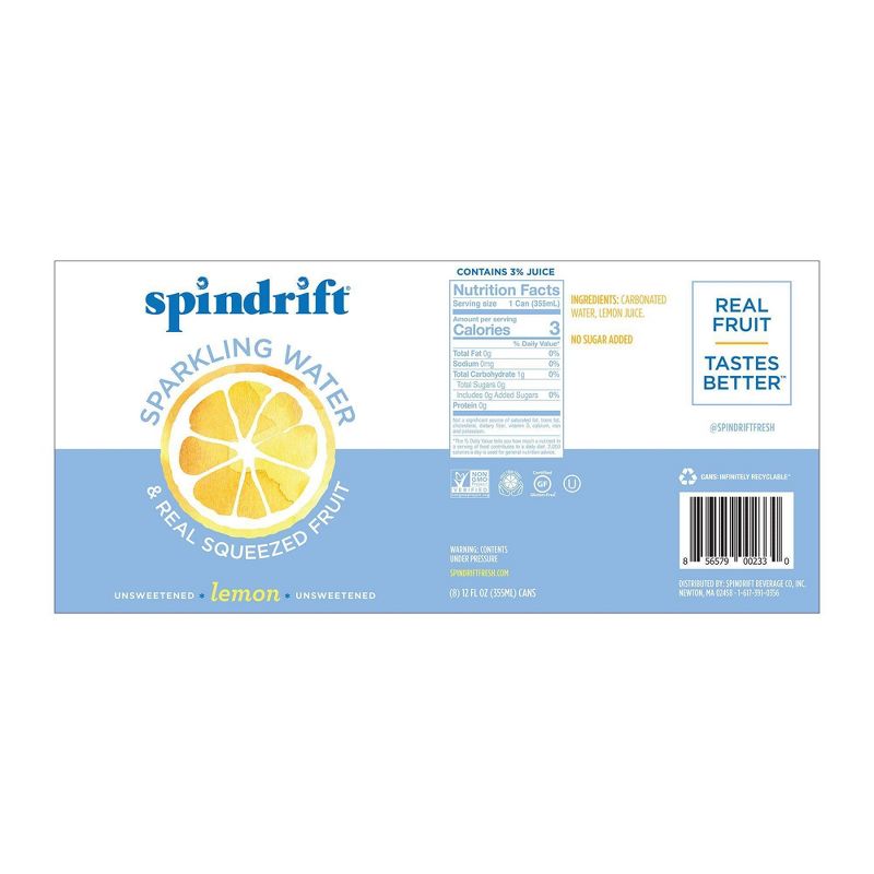 Spindrift Sparkling Water Lemon -8pk/12 fl oz Cans