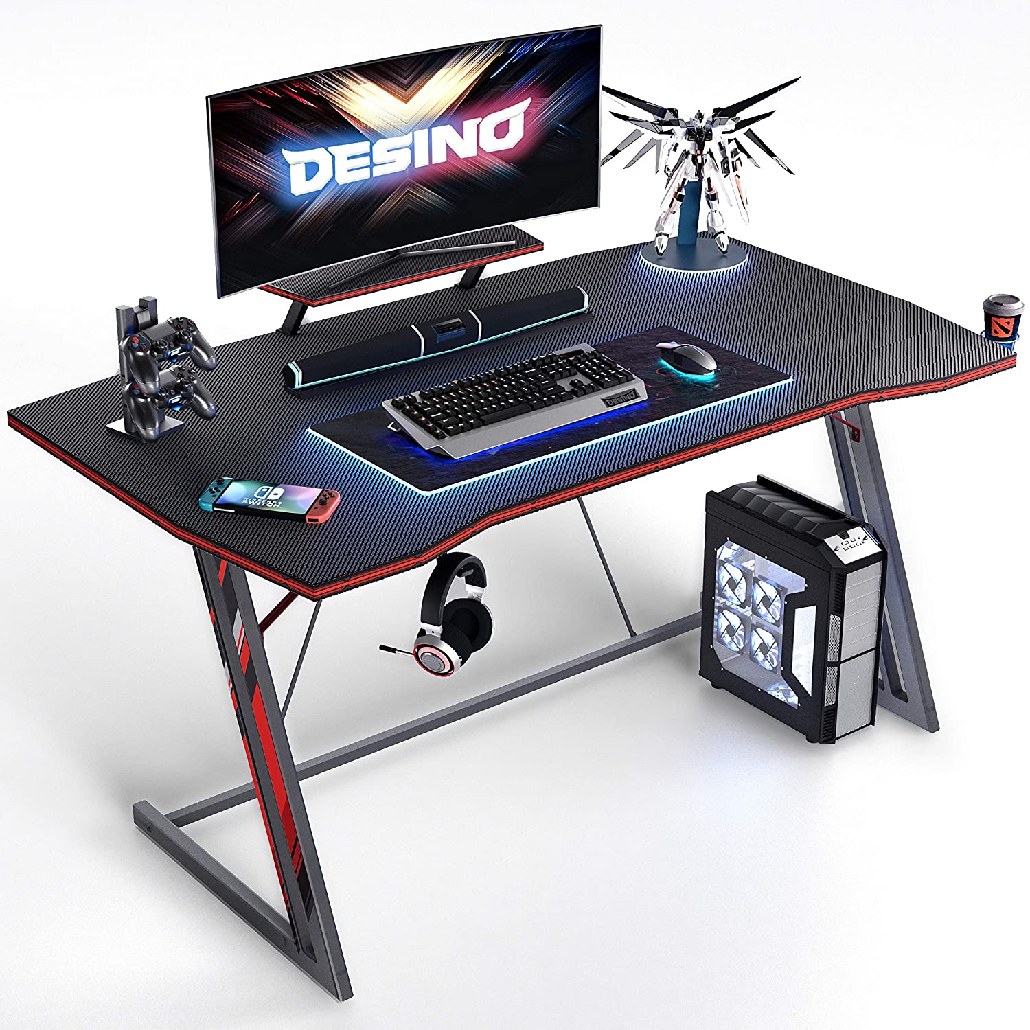 Gaming Desk 47 inch PC Computer Desk, Home Office Desk Gaming Table Z Shaped Gamer Workstation with Cup Holder and Headphone Hook, Black