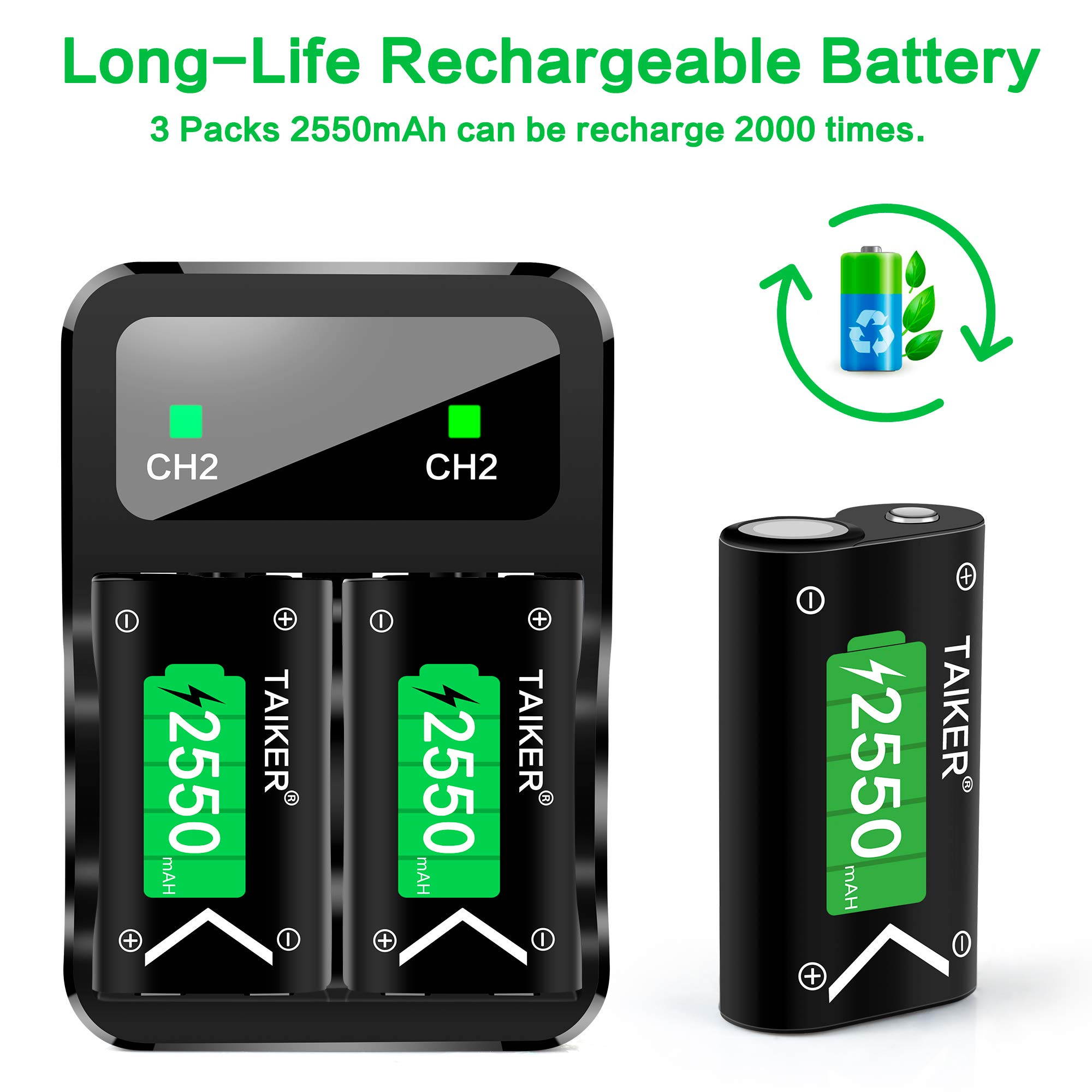 TAIKER Compatible with Xbox One Battery 3 Pack x 2550mAh Rechargeable Controller Battery and Charger for Xbox One/Xbox One S/Xbox One X/Xbox One Elite Wireless Controller