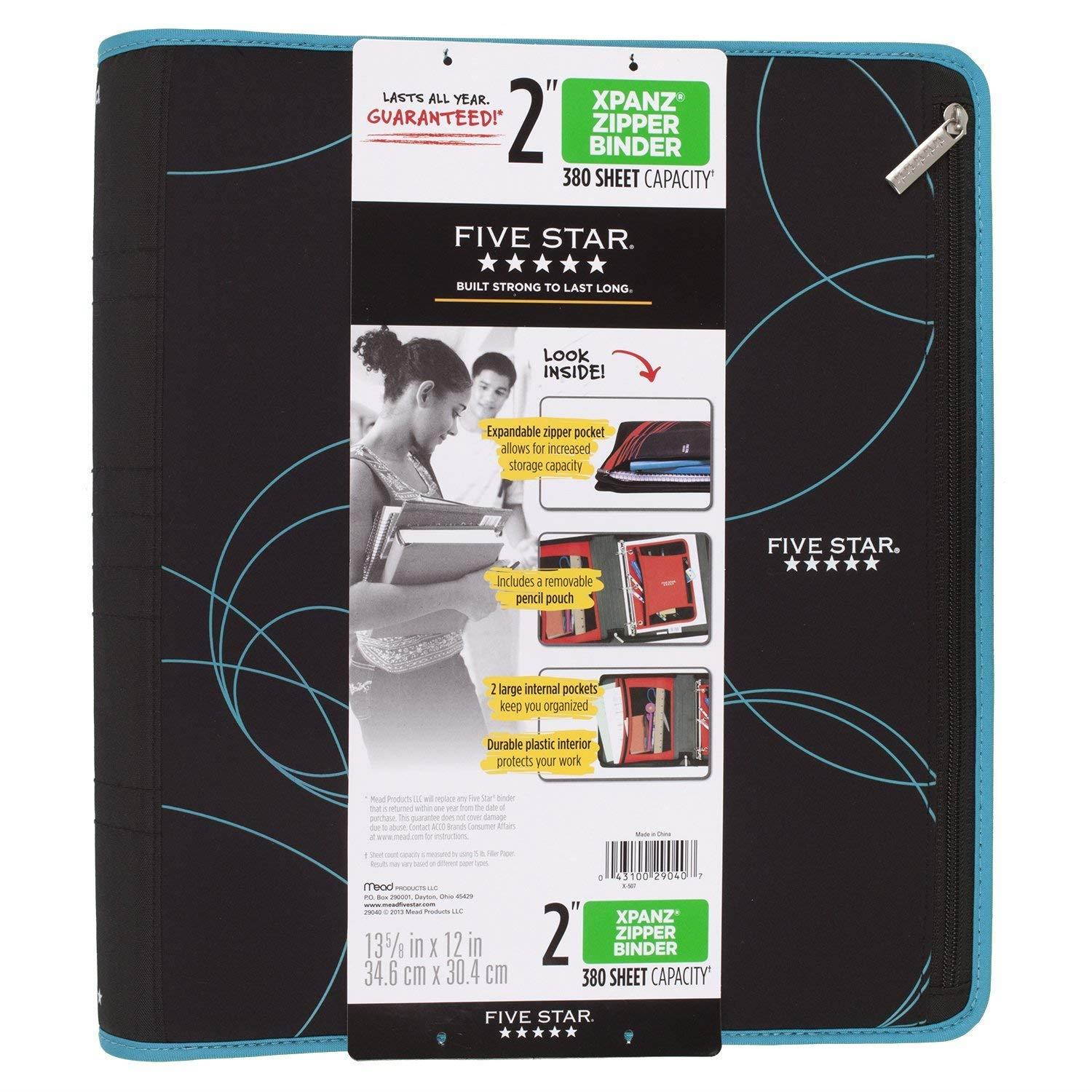 Five Star 2 Inch Zipper Binder, Ring Binder, Xpanz, Color Selected For You (29040)