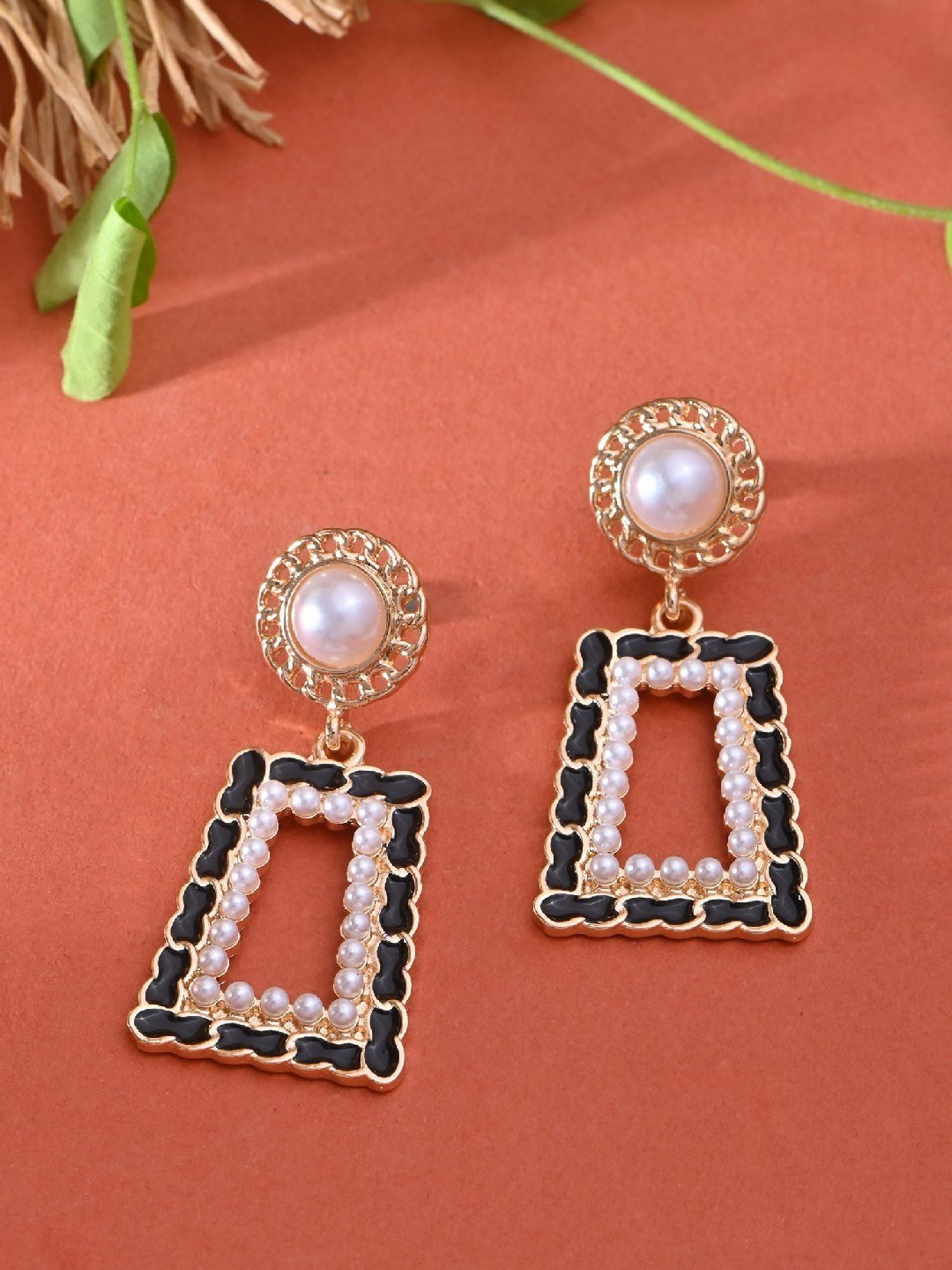 ToniQ Gold Black Korean Drop Earrings for Women