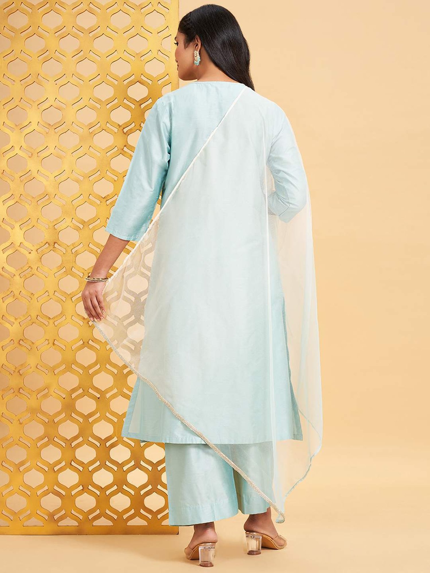 Rangmanch by Pantaloons Canal Blue Embroidered Kurta Palazzo Set With Dupatta