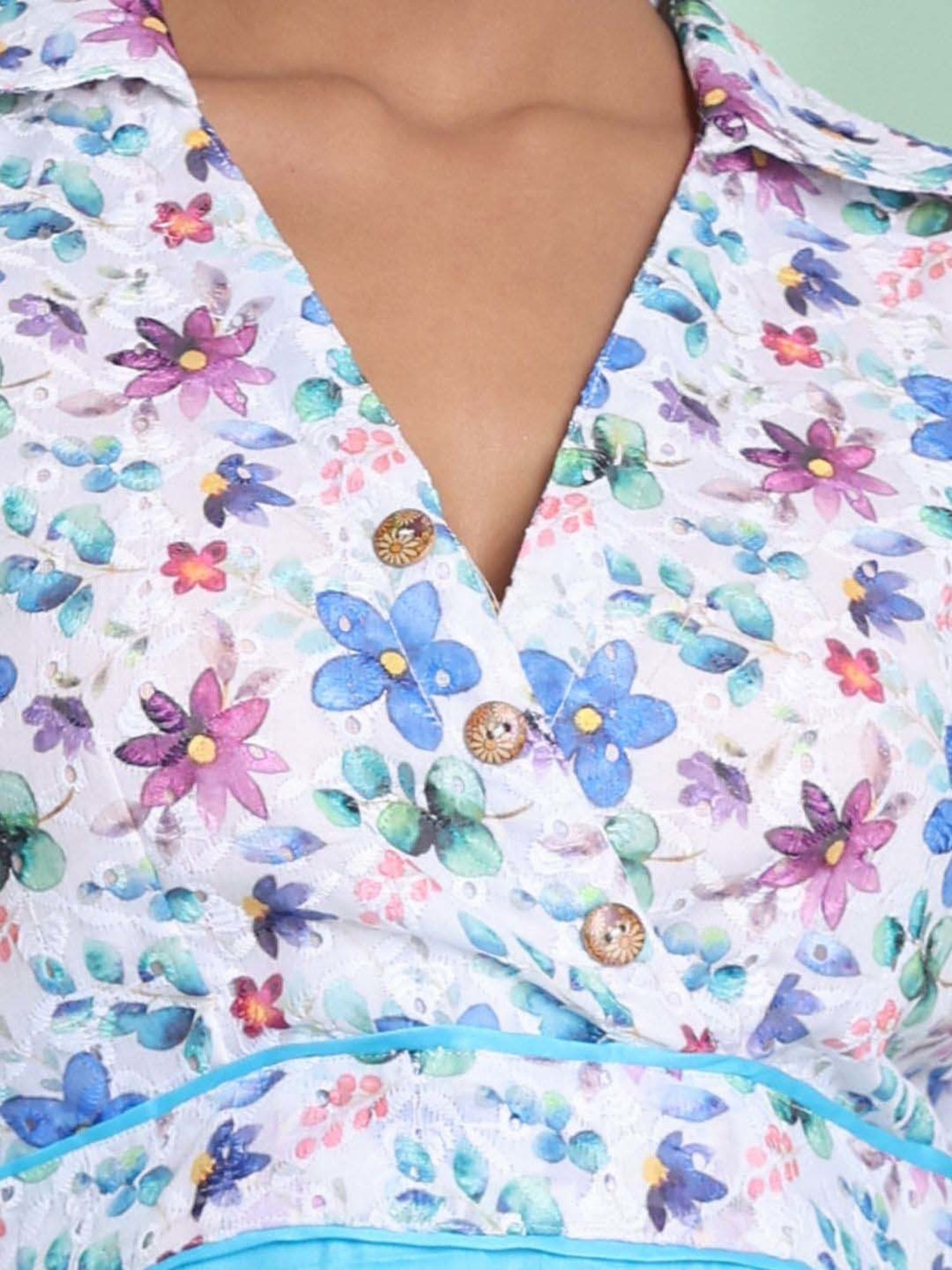 CHARUKRITI Sky Blue & White Cotton Printed A-Line Dress