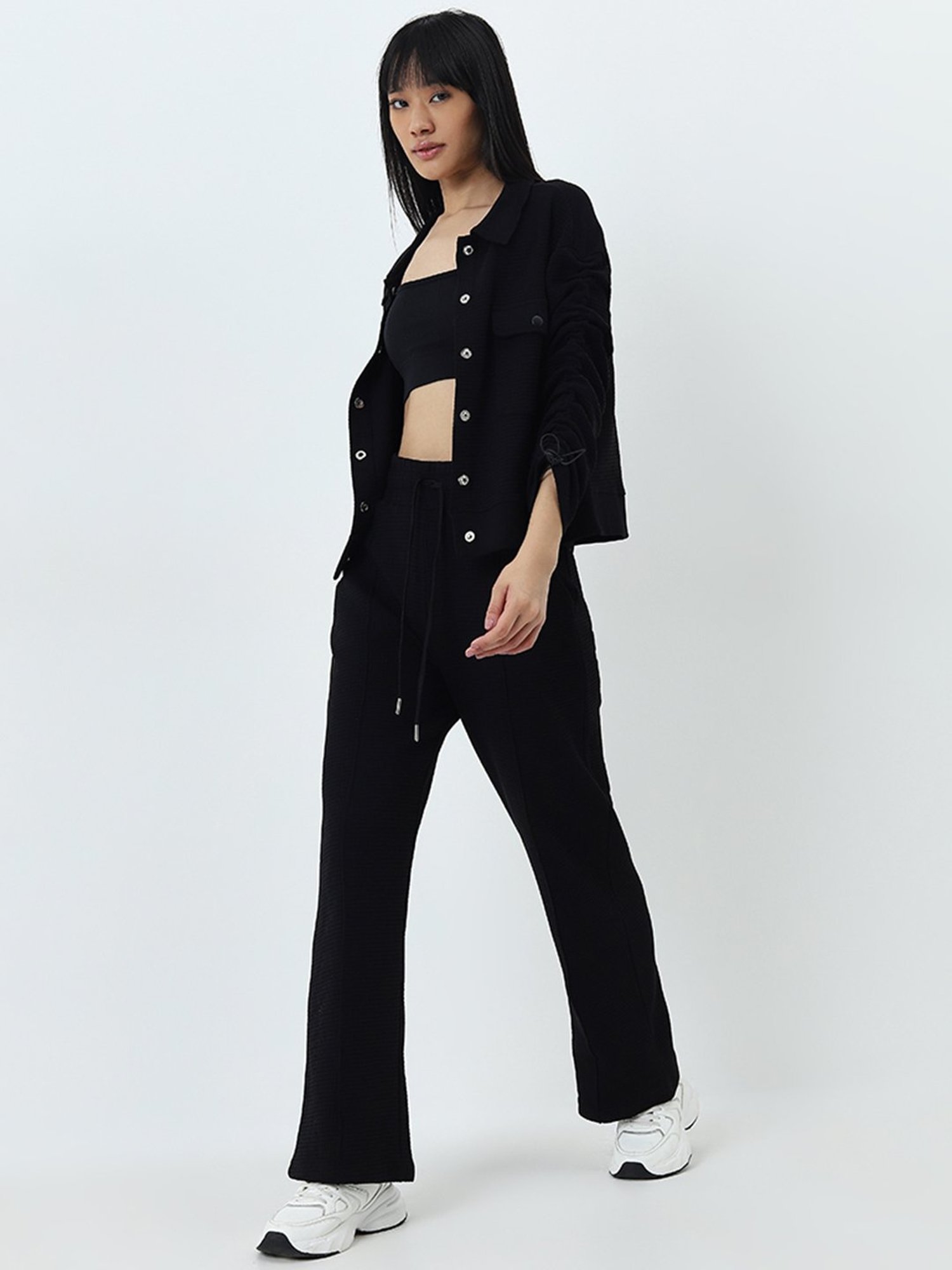 Studiofit by Westside Black Waffle Texture High-Rise Cotton Track Pants