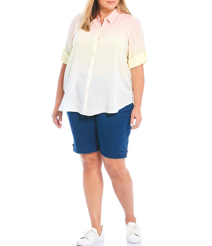 Intro Plus Size Rose Tummy Control Grommet Side Tab Hem Detail Pull-On Bermuda Shorts