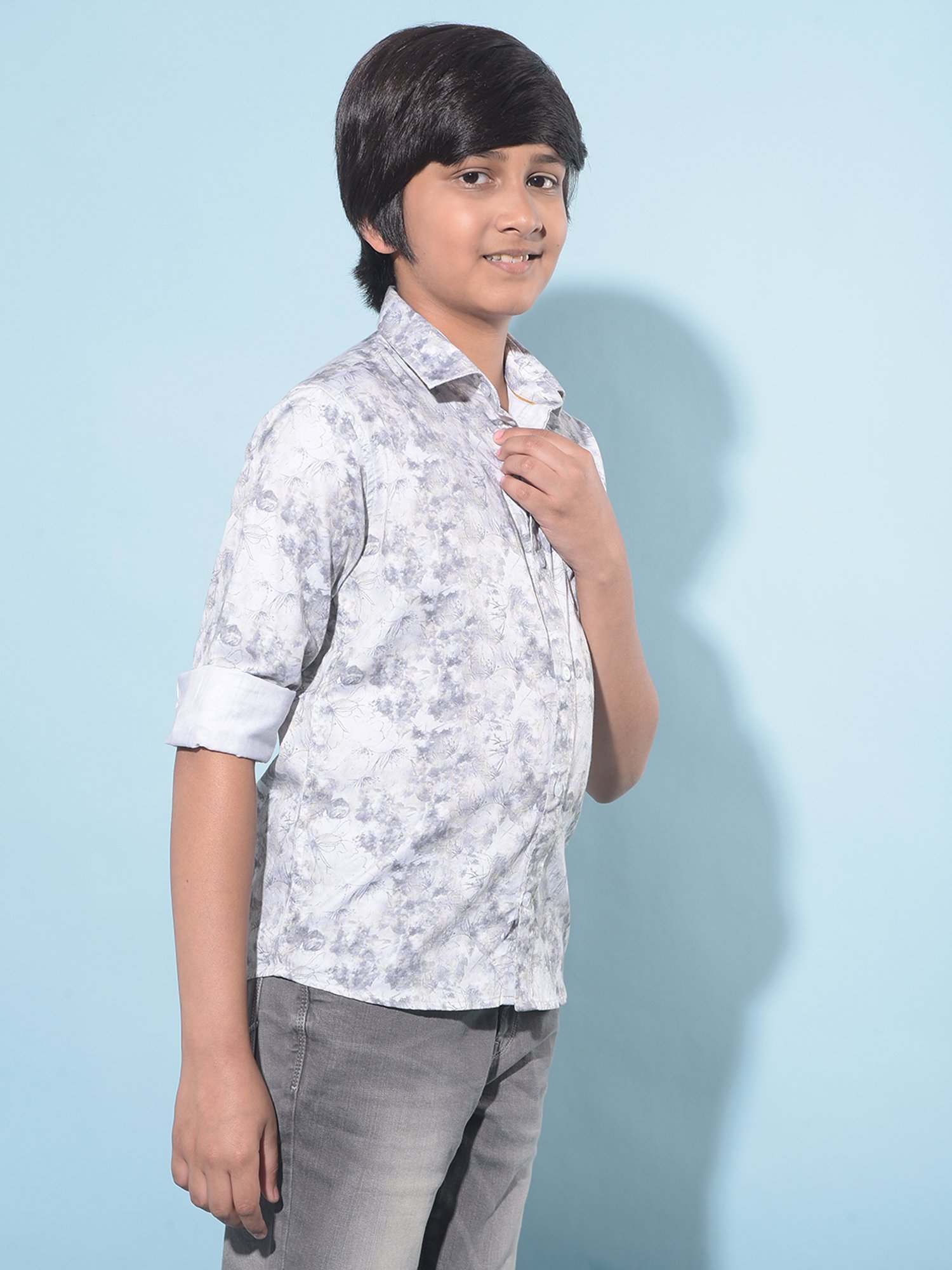 Crimsoune Club Kids Grey & White Printed Full Sleeves Shirt