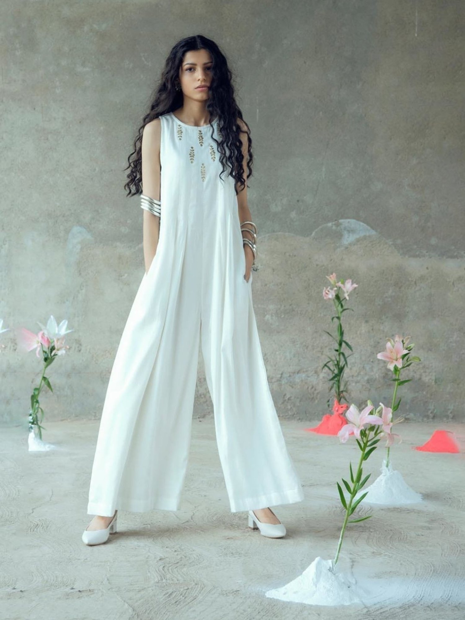 Gulaal White Urvashi Vividha Pitthan Work Sleeveless Jumpsuit