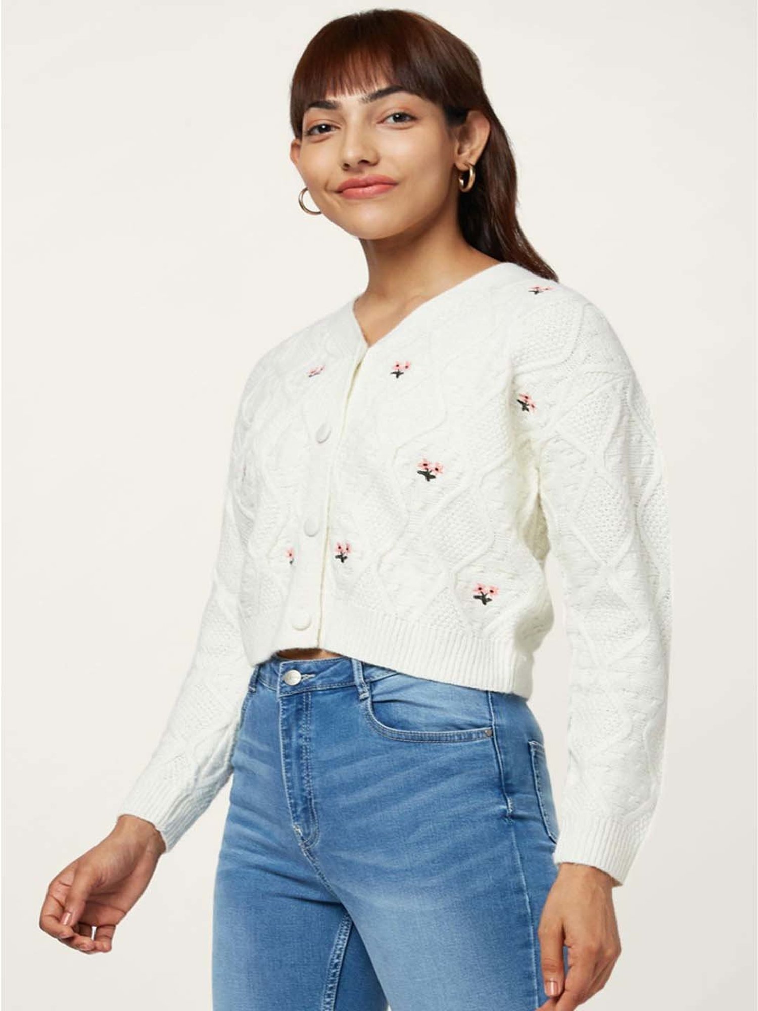 Honey by Pantaloons Off-White Embroidered Cardigan