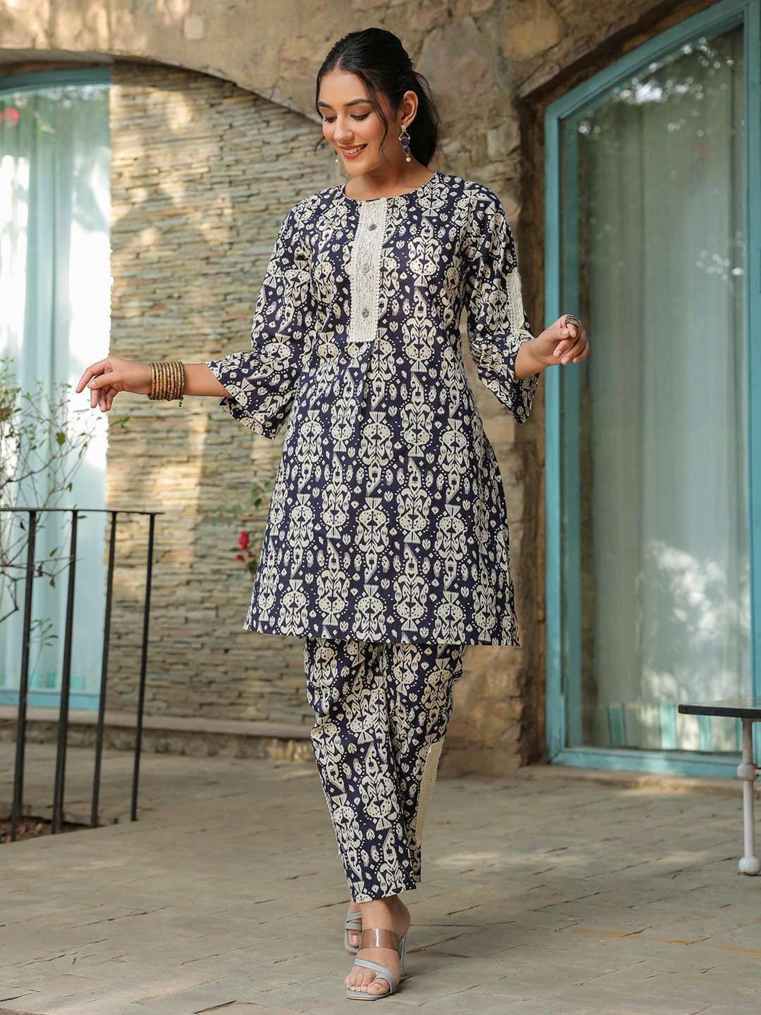Rain and Rainbow Navy Cotton Printed Kurti & Pant Set