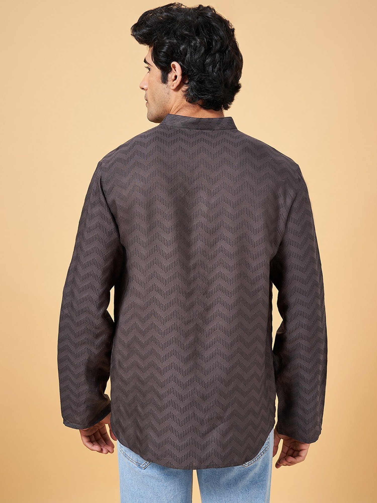 Indus Route by Pantaloons Grey Cotton Regular Fit Printed Short Kurta