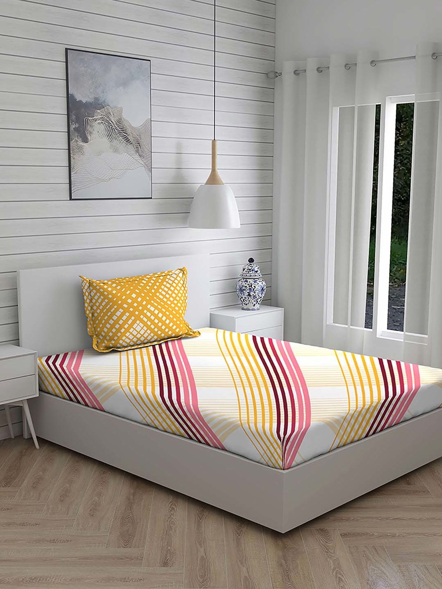 Layers Tuscany Yellow Cotton 104 TC Single Flat Bed Sheet With 1 Pillow Cover