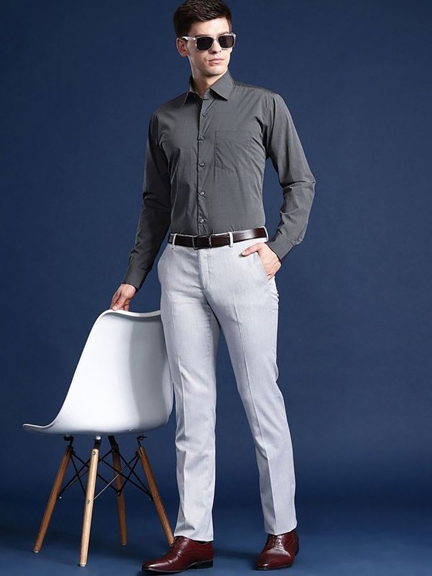 Hancock Grey Cotton Slim Fit Solid Shirts