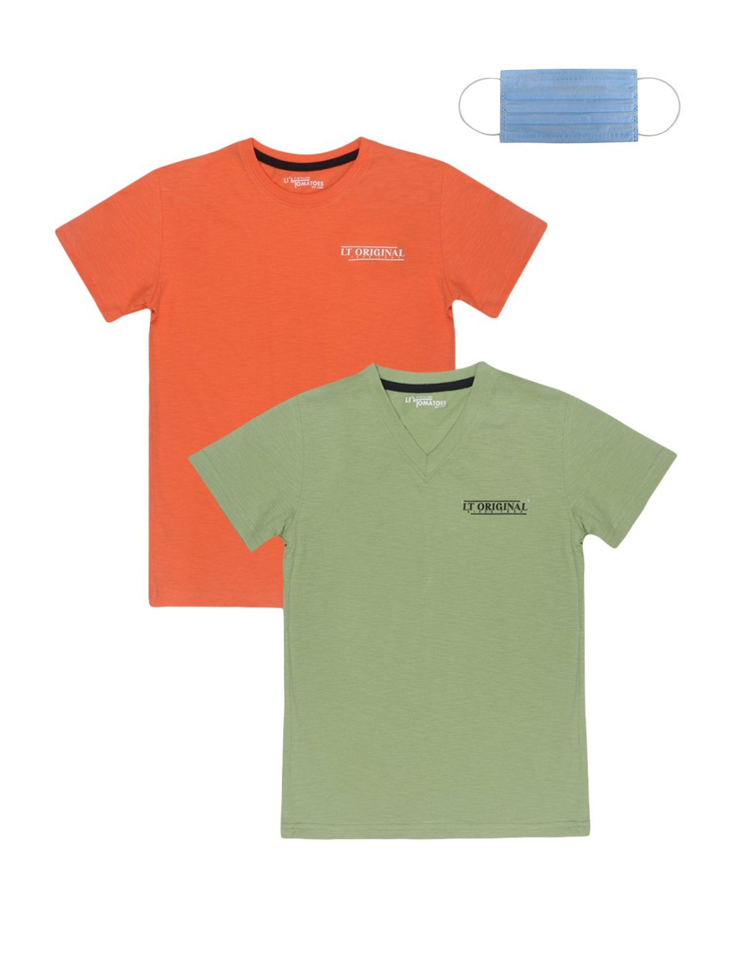 Li'l Tomatoes Kids Orange & Olive Green Cotton T-Shirts & Mask - Pack of 2