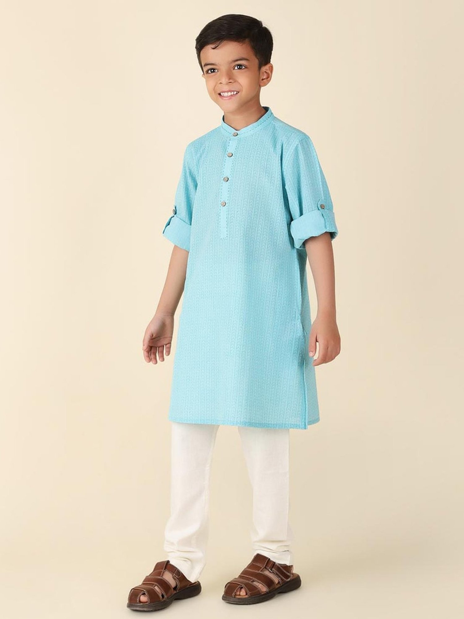 Fabindia Kids Blue Cotton Printed Full Sleeves Kurta