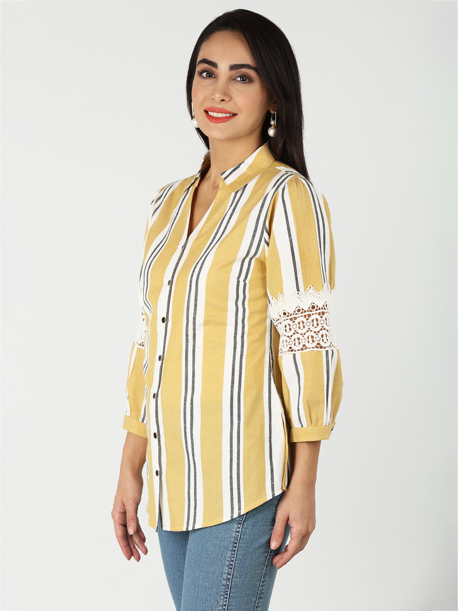Mustard Yellow & White Cotton Striped Shirt