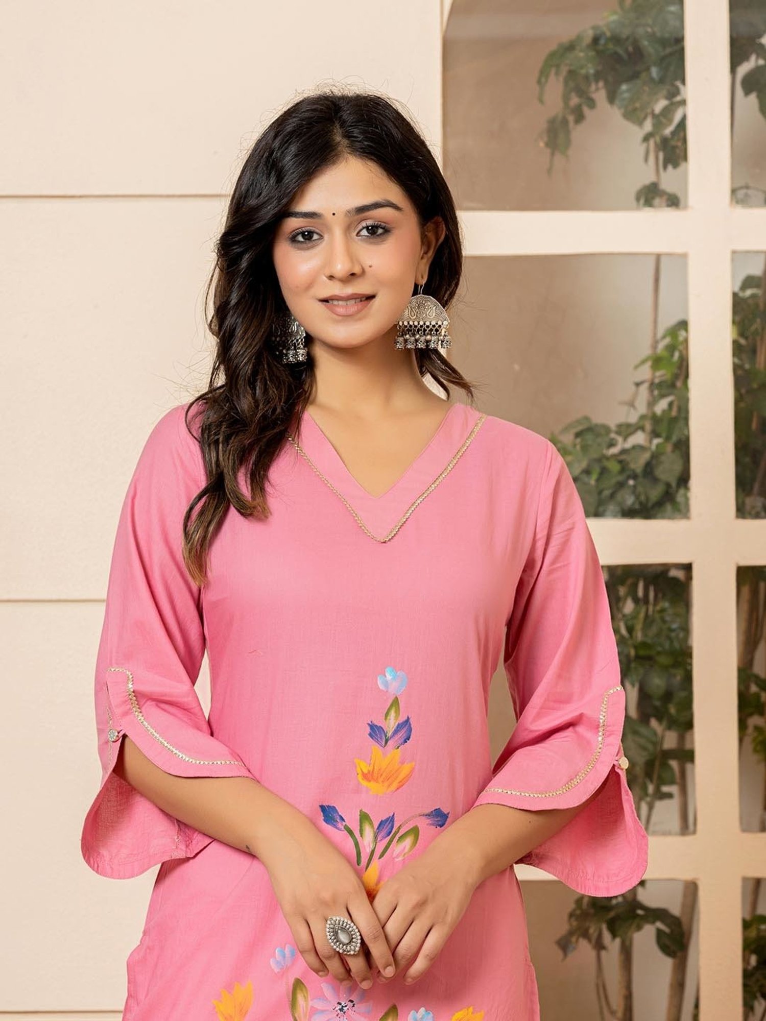 Yufta Pink Cotton Floral Print Straight Kurta