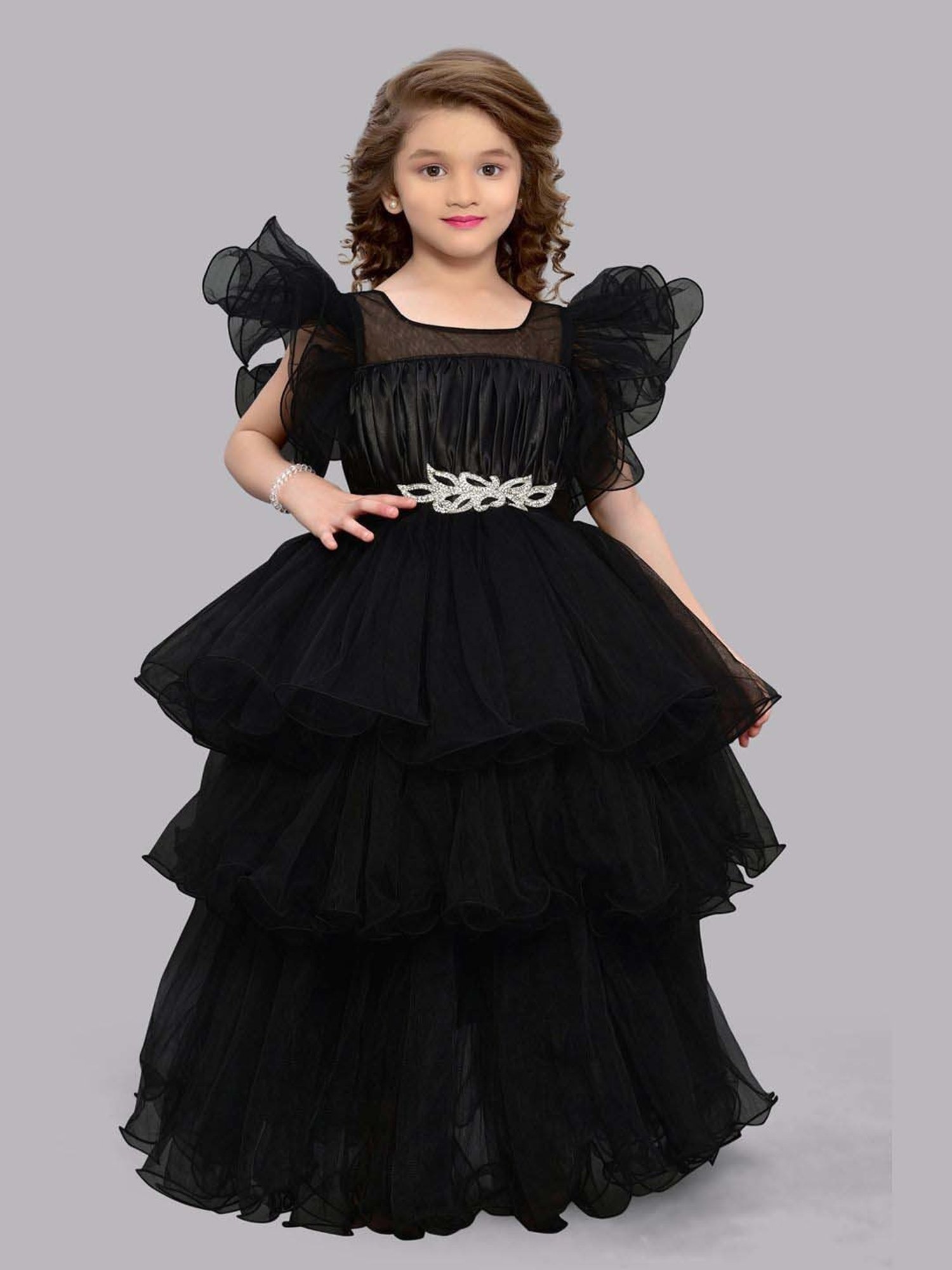 Pink Chick Kids Black Solid Party Gowns