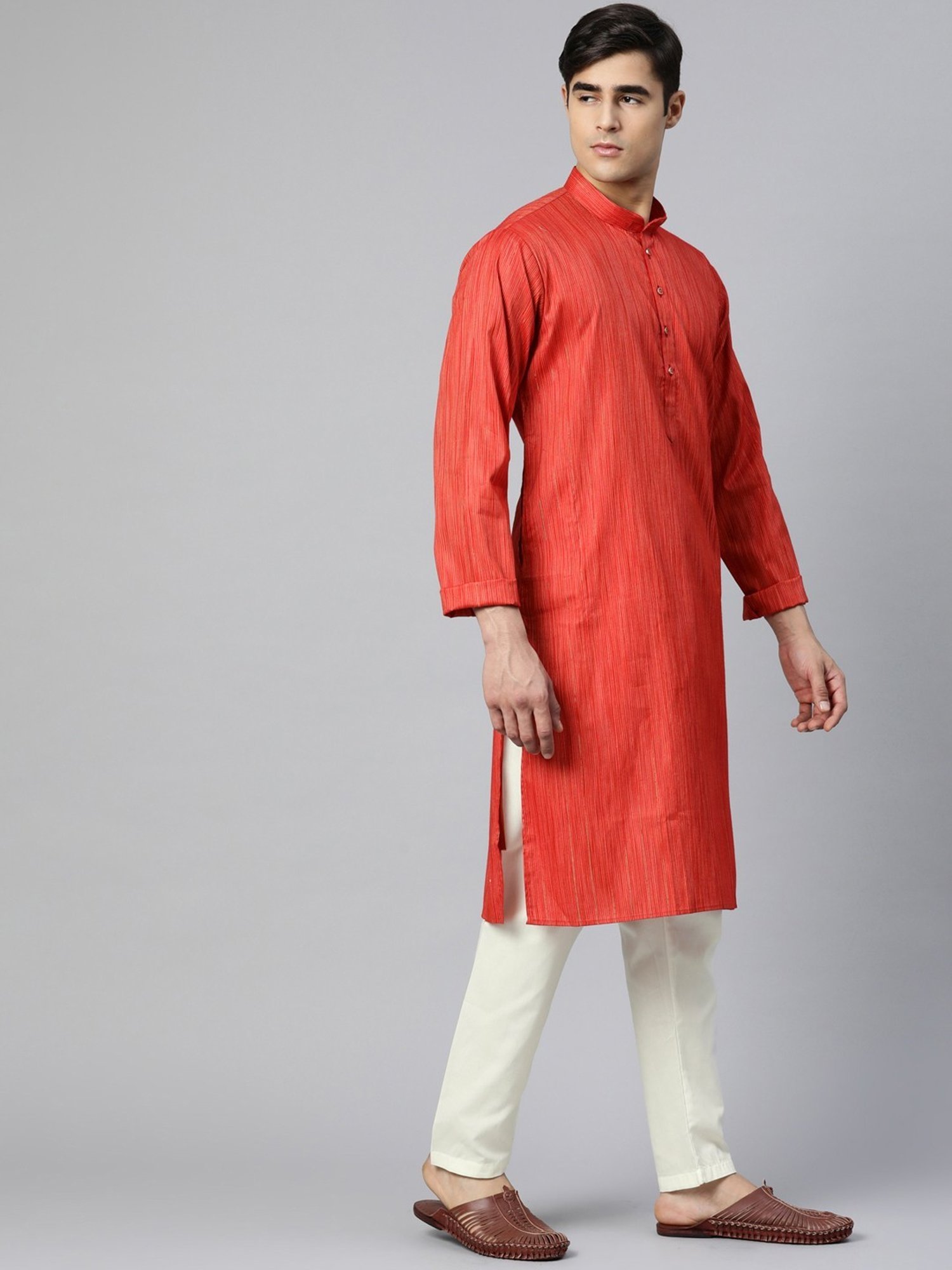 ManQ Red & White Pure Cotton Regular Fit Striped Kurta Bottom Set