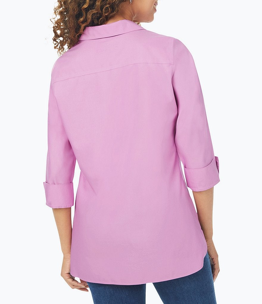 Foxcroft Pandora Solid Non-Iron Pinpoint Oxford Button Front Wing Collar Neck 3/4 Sleeve Tunic