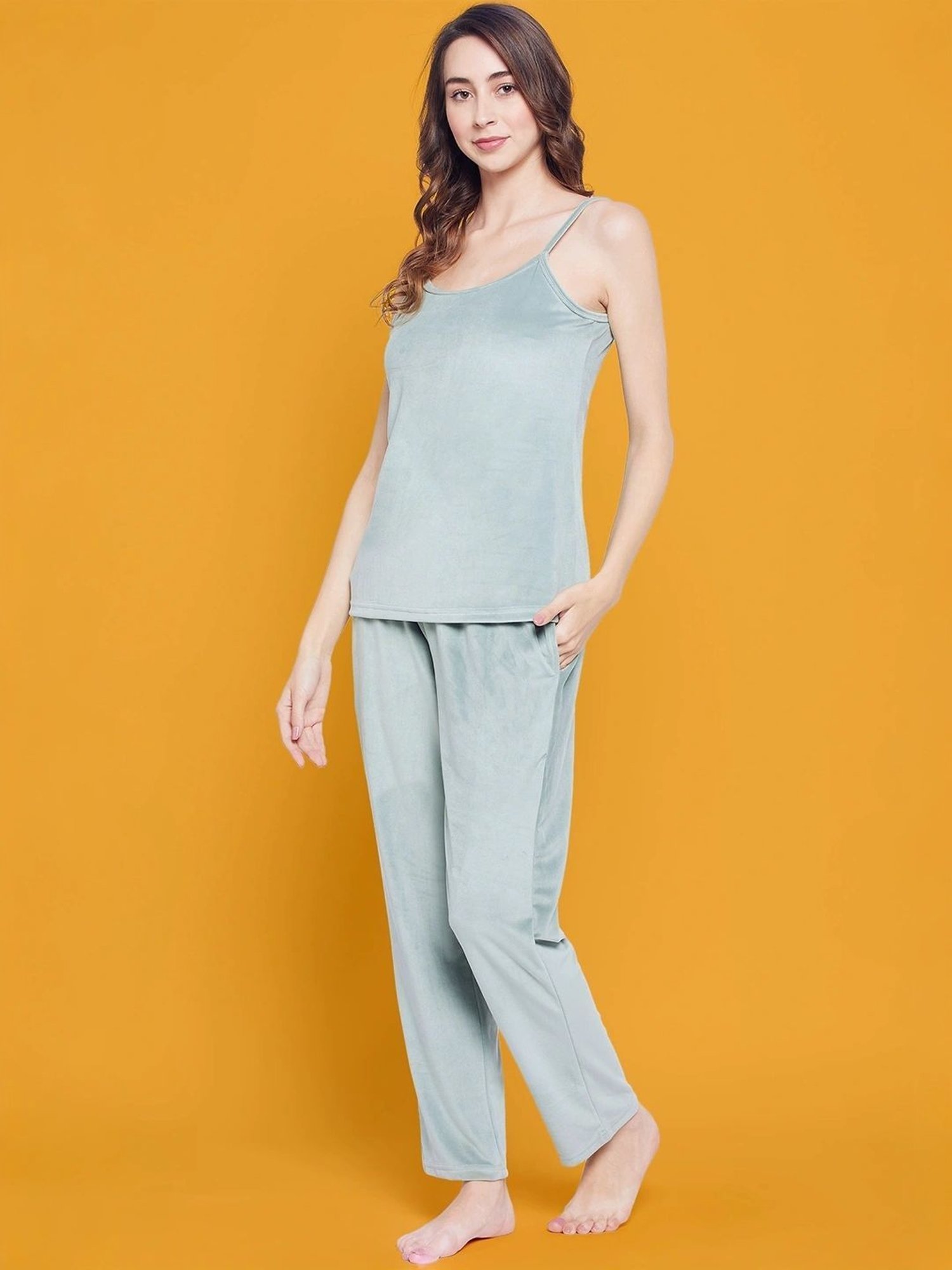 Clovia Green Plain Top Pyjamas Set With Shrug