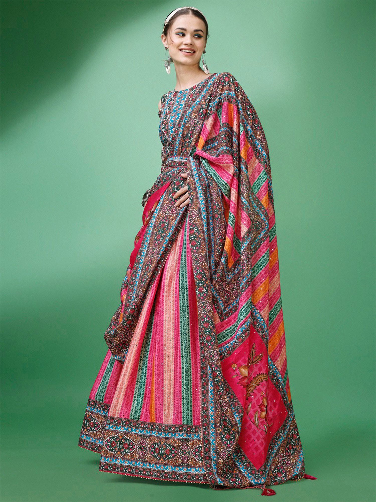 PURVAJA Pink Printed Semi Stitched Lehenga & Unstitched Blouse With Dupatta