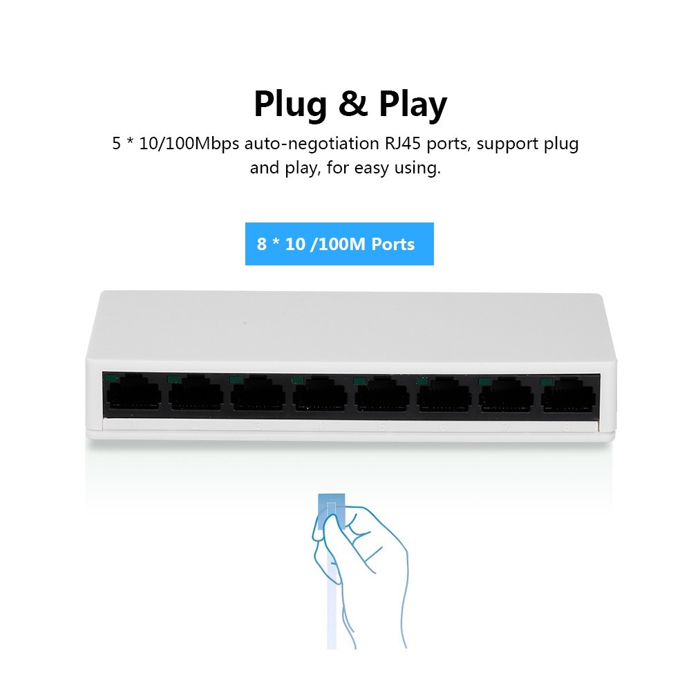 SW08 8-Port Switch Gigabit 10/100Mbps Ethernet Switch Splitter Home Office US Plug